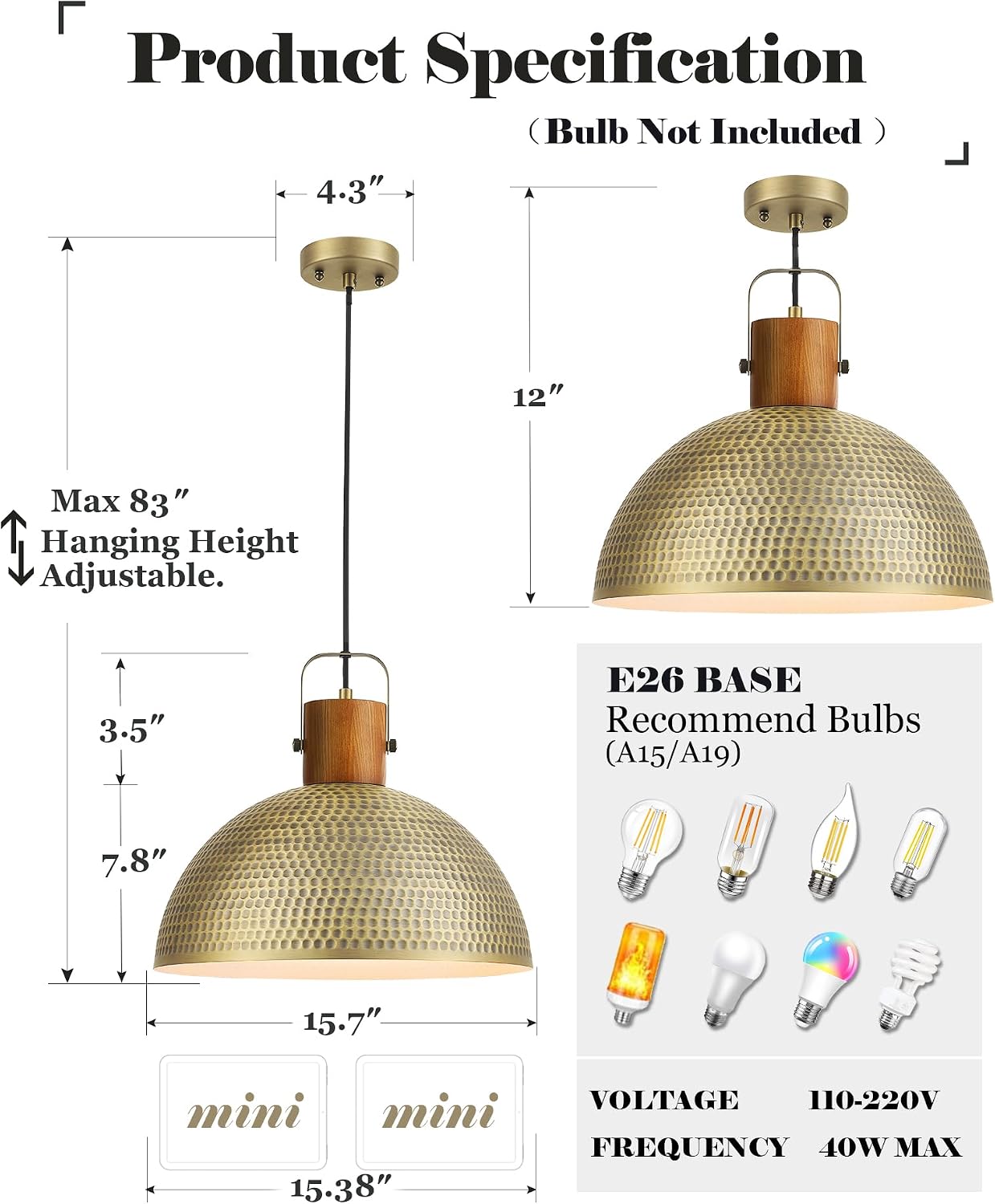ELYONA 2 Pack Large Hammered Pendant Light Fixtures, 16 Inch Ash Wood Vintage Dome Hanging Lamp, Antique Gold Mid Century Pendant Lighting for Kitchen Island, Farmhouse, Dining Room, Brushed Brass
