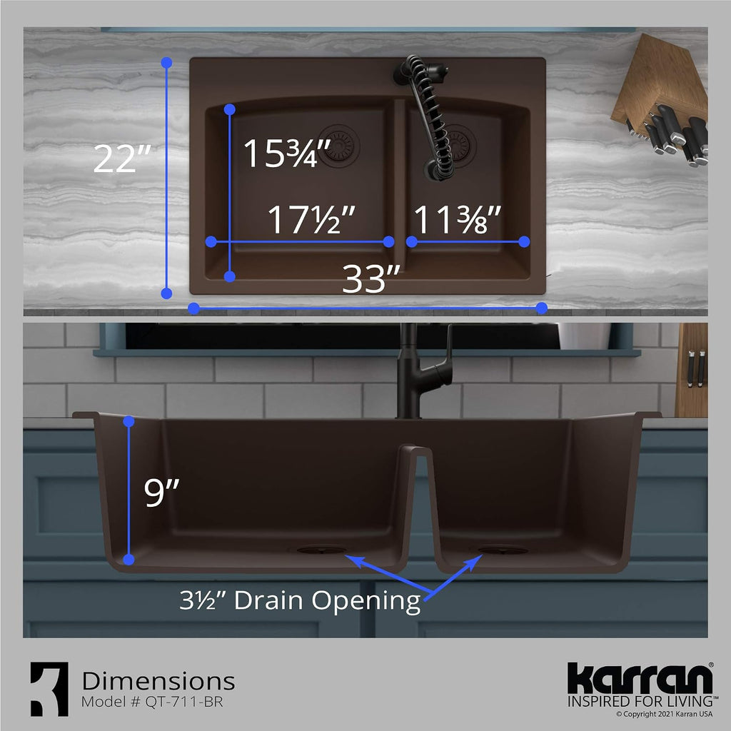 Karran QT-711 Drop-In Quartz Composite 33 in. 1-Hole 60/40 Double Bowl Kitchen Sink in Brown