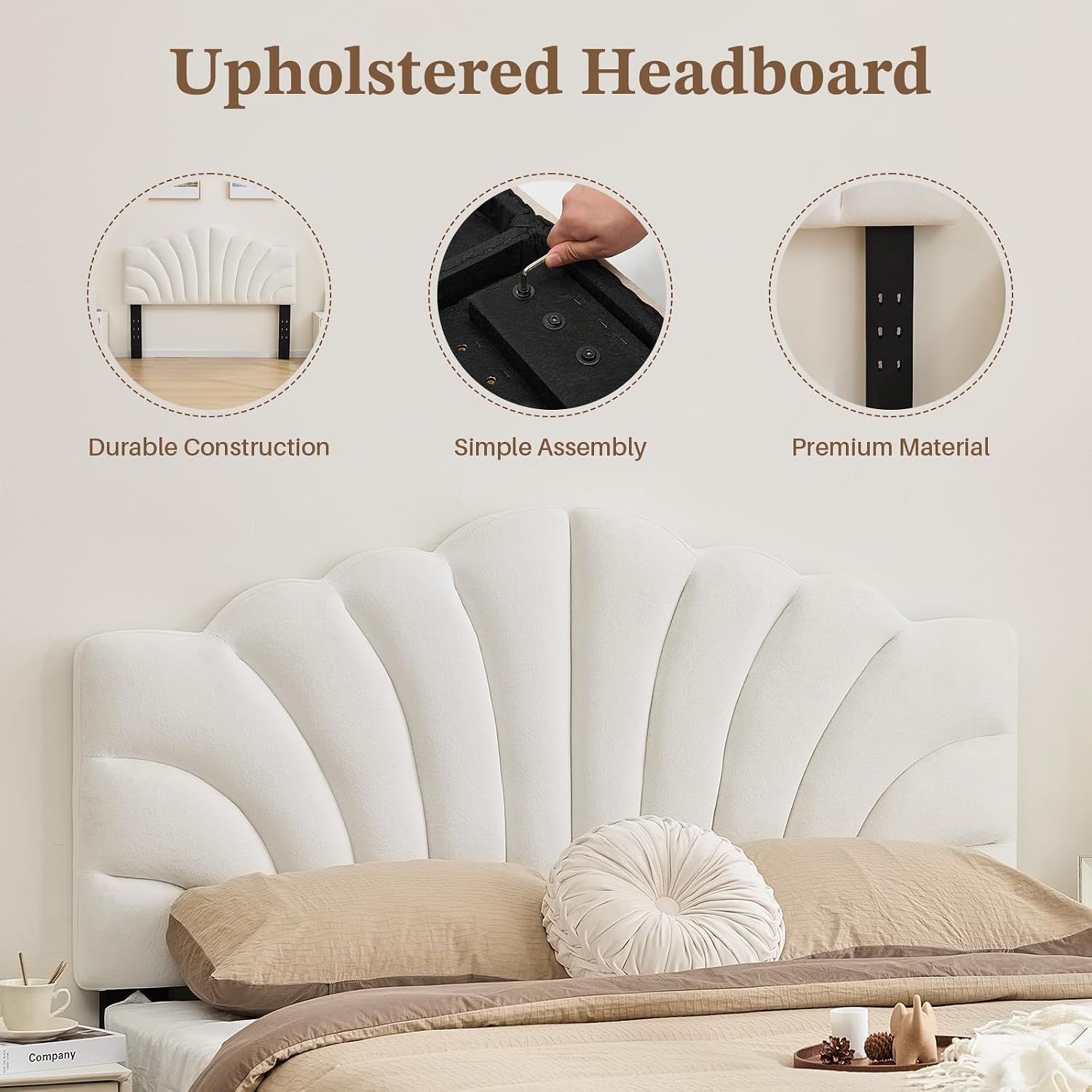 Upholstered Headboard Only Adjustable Bed Headboards Queen/Full Size, Tiara Crown Shape Headboards with Wood Legs, Velvet Petal Head Board Wall Protector for Dorm Bedroom, White
