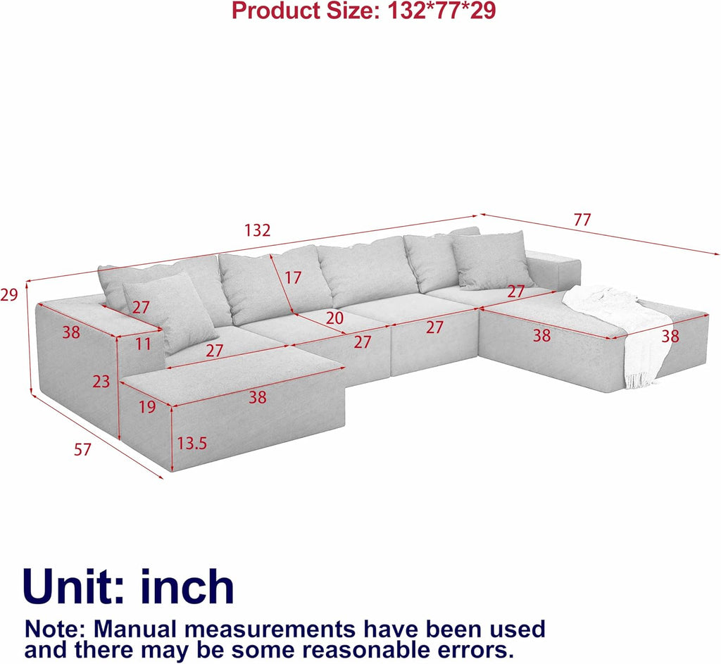 RuiSiSi Modern Upholstered Sectional Sofa Couch Set, 132' Modular L-Shaped Sectional Sofa Set with 6 Pillows, Free Combination Couch for Living Room, Bedroom, No Needed Assembly, Black