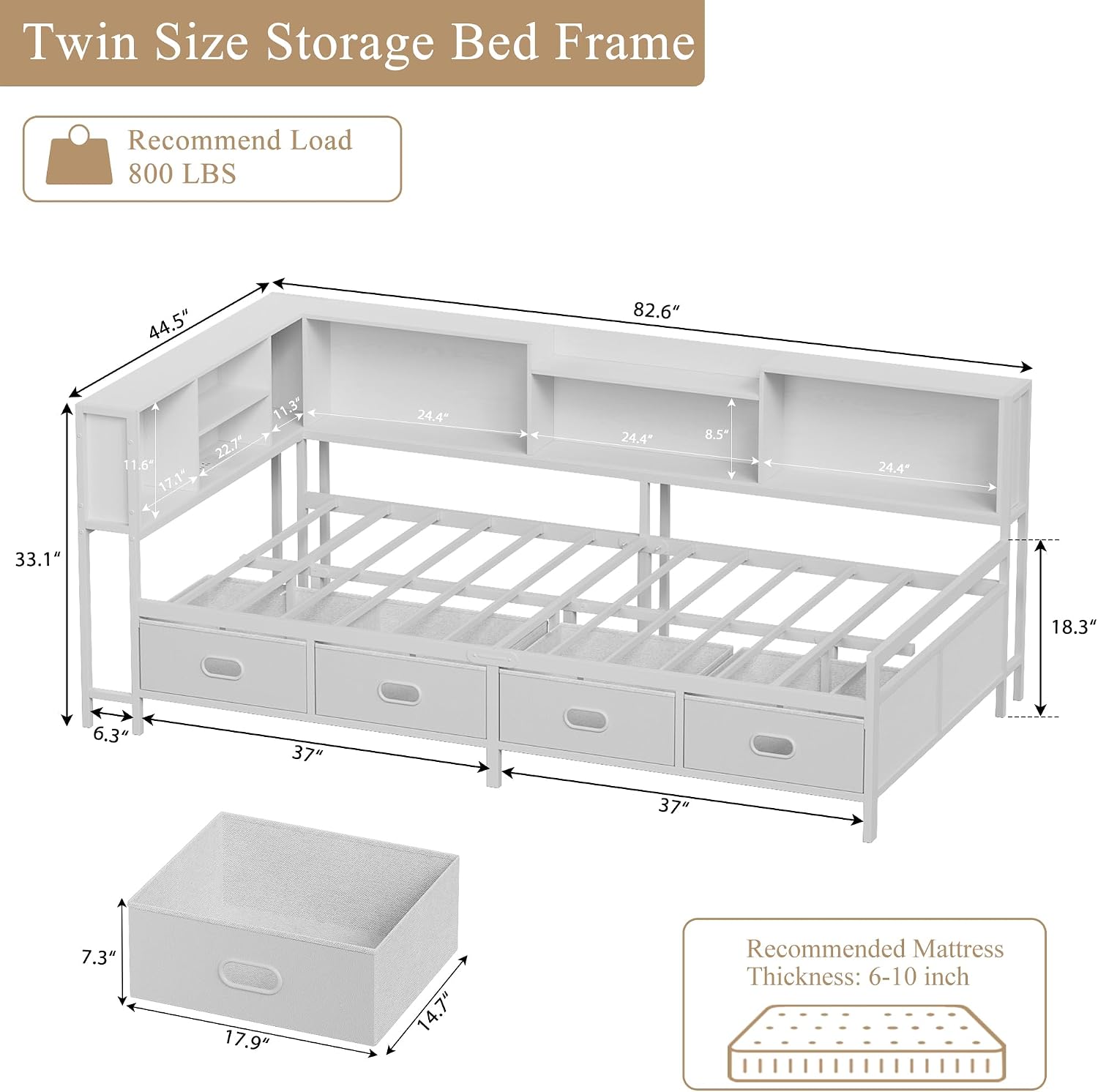 Twin Size Corner Bed Frame with 8 Bookcase Headboard & 4 Storage Drawers, Twin Metal Platform Bed with LED Light Strip & Charging Station, Twin Daybed for Kids Teens Guests,White