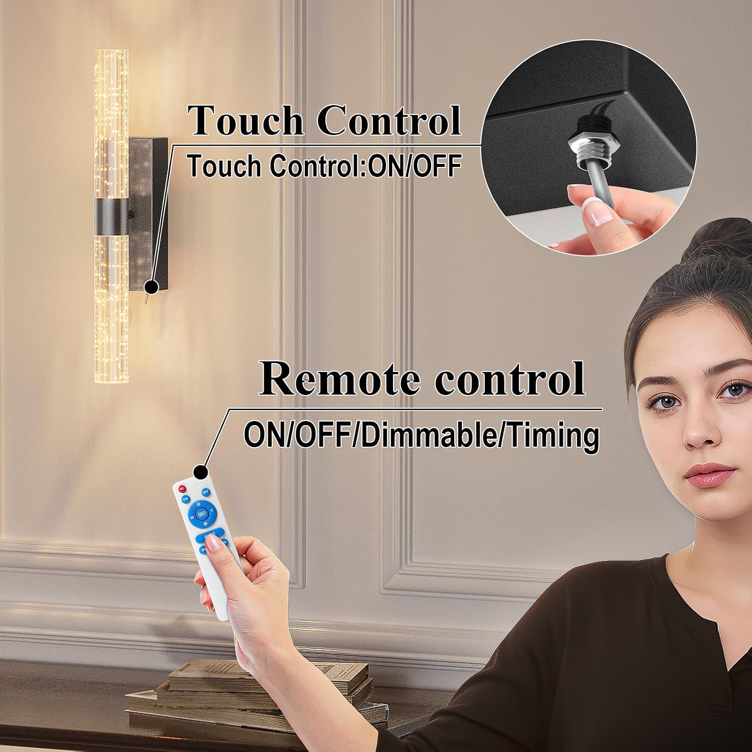 camuucci Battery Operated Wall Sconces Set of 2 Rechargeable Battery Powered Wall Light with 12000mAh Not Hardwired Dimmable Wall Lamp Fixtures for Bedroom Living Room Black 15.3 Inches