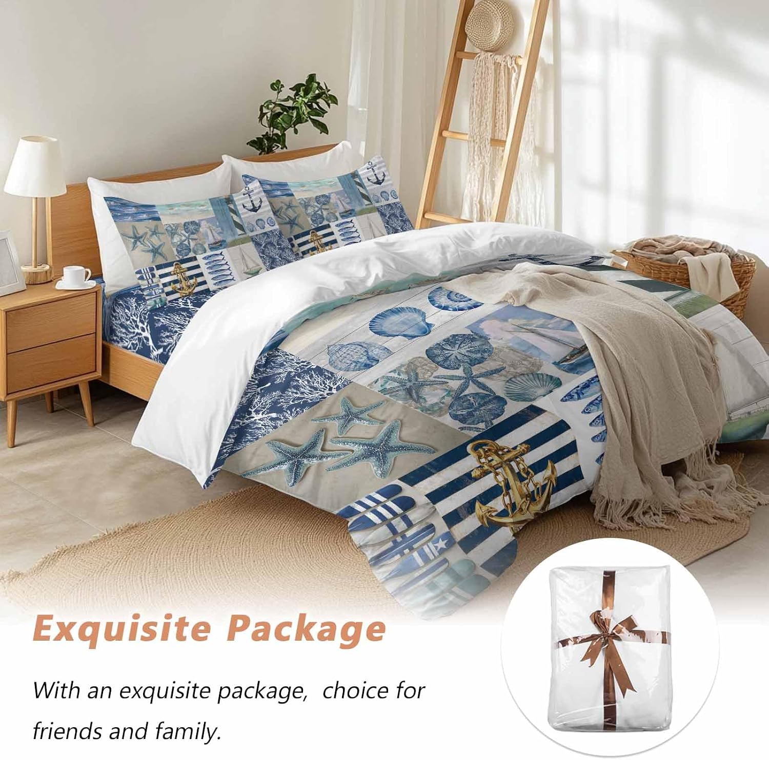 Summer Nautical Duvet Cover Set Queen Size 4 Pieces Blue Starfish Shells Anchor Boat Patchwork Bedding Set with Zipper Closure, 1 Comforter Cover 92x106 Inches 1 Flat Sheet & 2 Pillow Cases