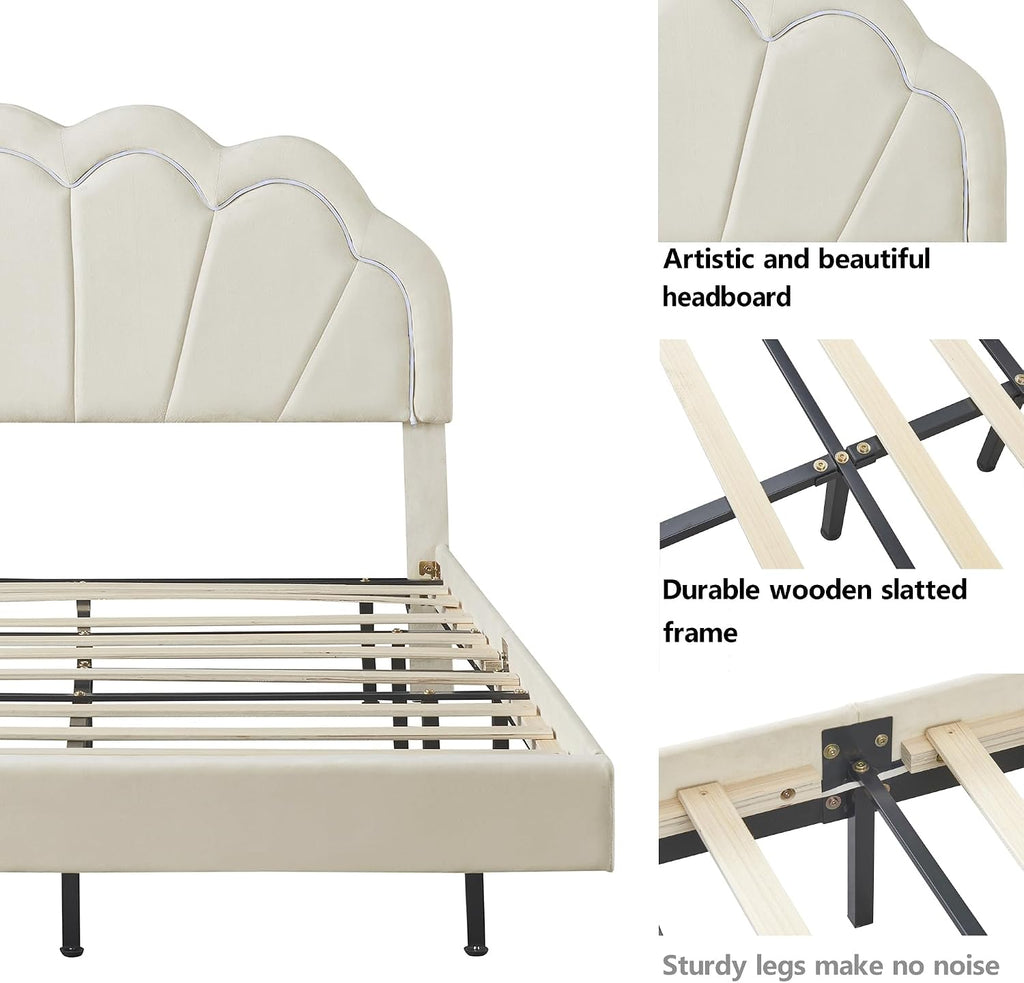 Velvet Full Size Upholstered LED Platform Bed with Storage Ottoman, 2-Pieces Bedroom Sets, Elegant Floating Platform Bed with LED Flowers-Shaped Headboard (Beige-2PF)