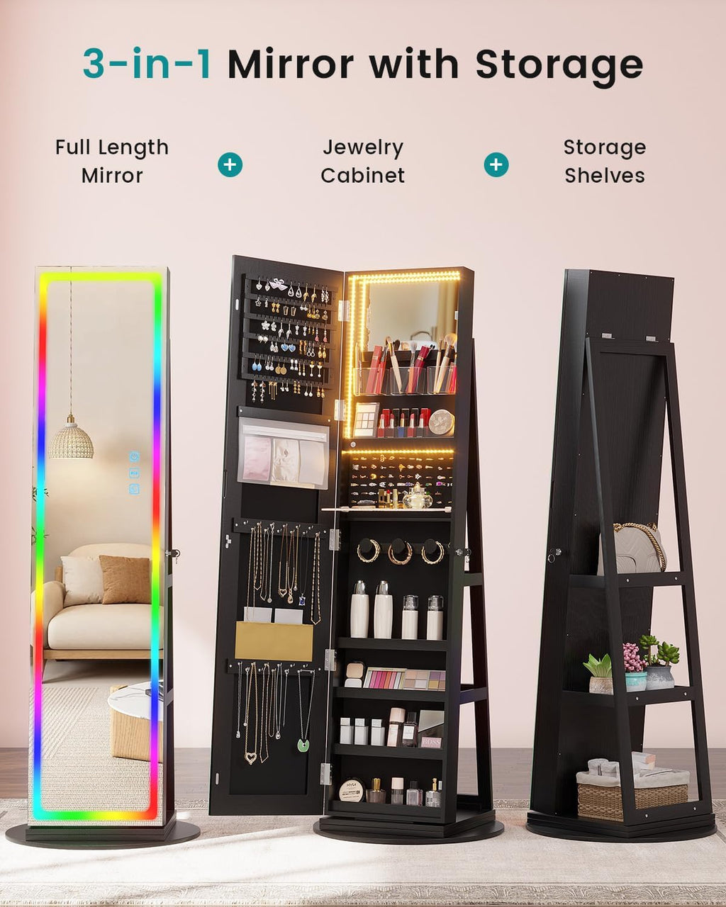 Vlskra Jewelry Cabinet with LED lights, Lockable Mirror Jewelry Cabinet Standing, Rotatable Full Length Mirror with Storage, Space-Saving Jewelry Armoire Organizer, Foldable Makeup Shelf, Black