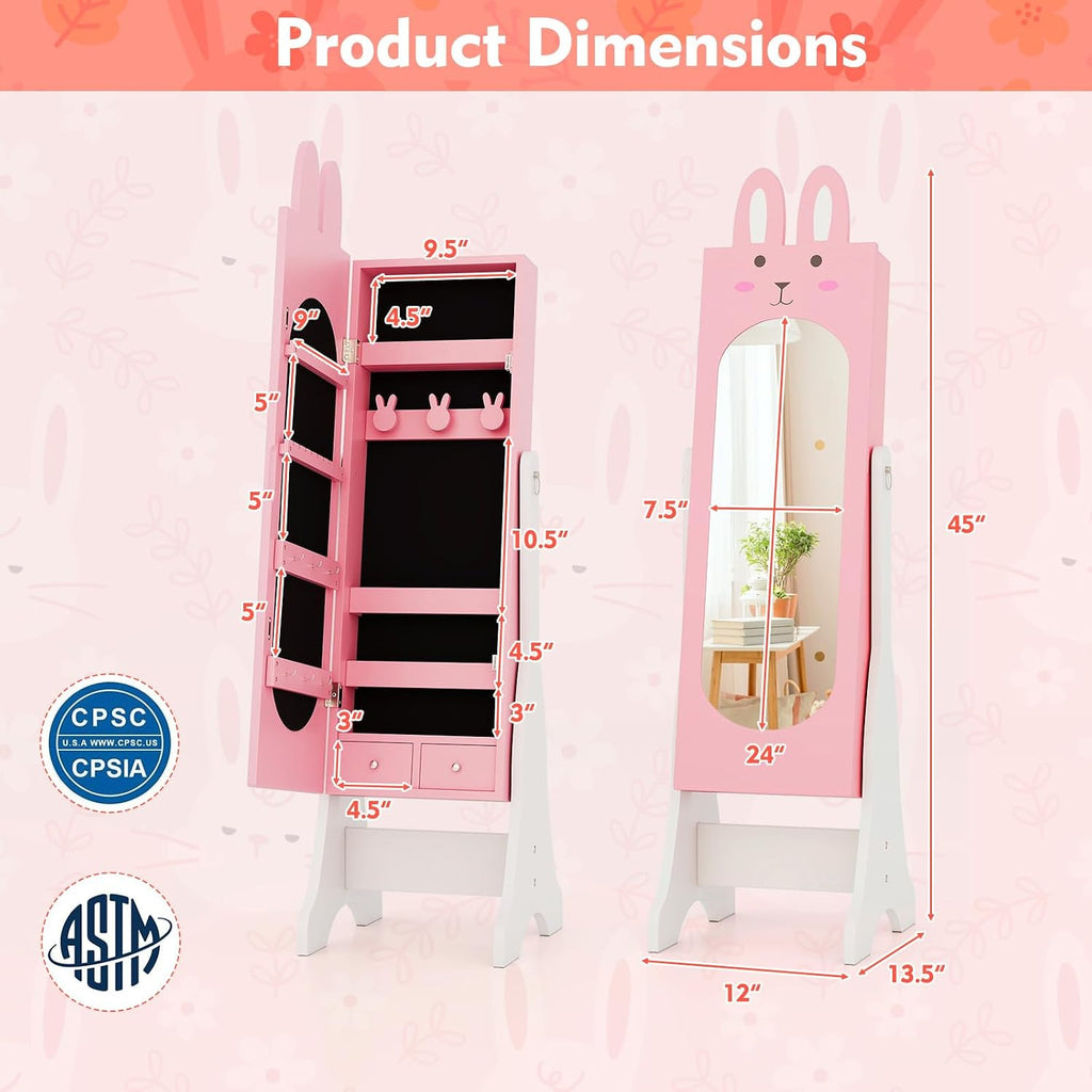 GLACER Kids Vanity & Jewelry Armoire, Princess Dressing Table and Chair Set, Wood Kids Dress Up Storage with Full-Length Mirror, 2 Adjustable Tilt Angles, Kids Bedroom Furniture Set for Girls (Pink)
