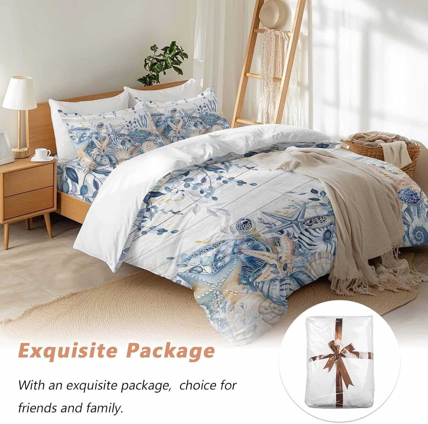 Ocean Turtle Duvet Cover Set Queen Size 4 Pieces Retro Sea Stars Shells Blue Leaf Wood Grain Bedding Set with Zipper Closure, 1 Comforter Cover 92x106 Inches 1 Flat Sheet & 2 Pillow Cases