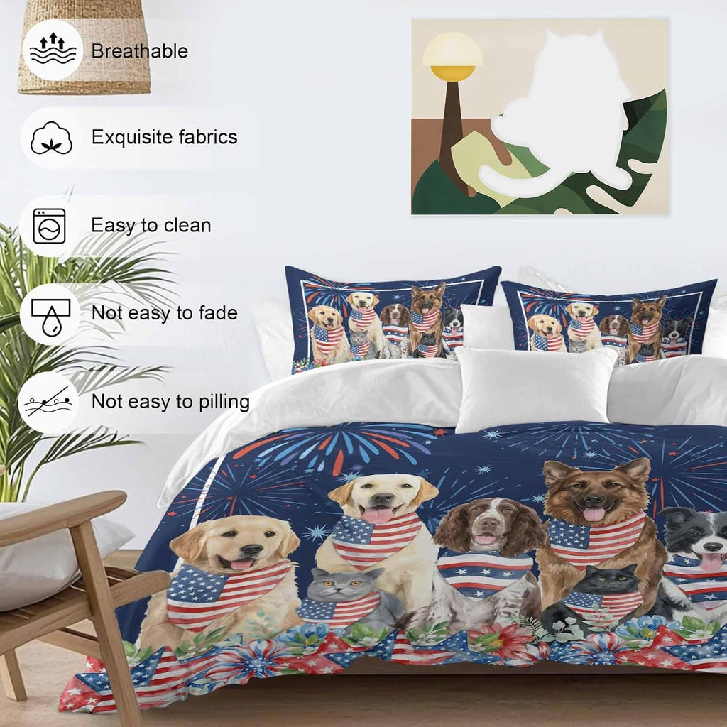 Independence Day Dog Cat Duvet Cover Set Queen 4 Pieces Watercolor Red Blue Stripe Star Flag Firework Blue Bedding Set with Zipper Closure,1 Comforter Cover 92x106 Inch 1 Flat Sheet&2 Pillow Cases