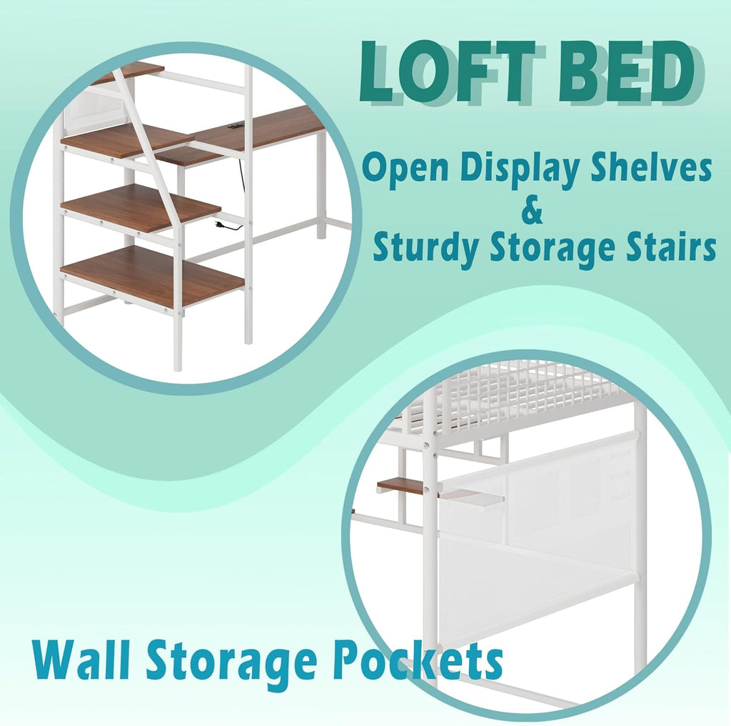 Full Size Metal Loft Bed with Stairs, Large Under-Bed Space, Built-in Charging Station, LED Lighting, for Bedroom, Dormitory, White