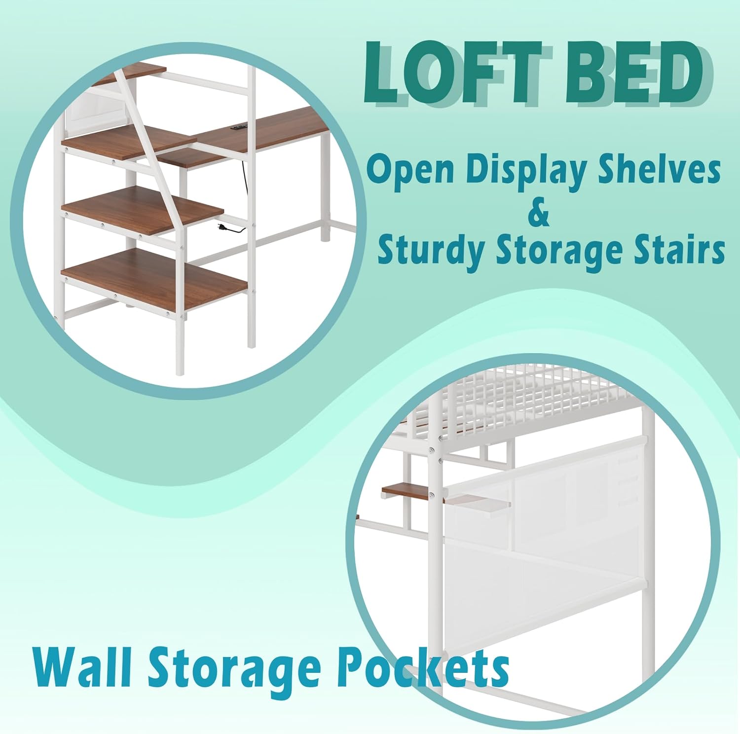 Full Size Metal Loft Bed with Stairs, Large Under-Bed Space, Built-in Charging Station, LED Lighting, for Bedroom, Dormitory, White