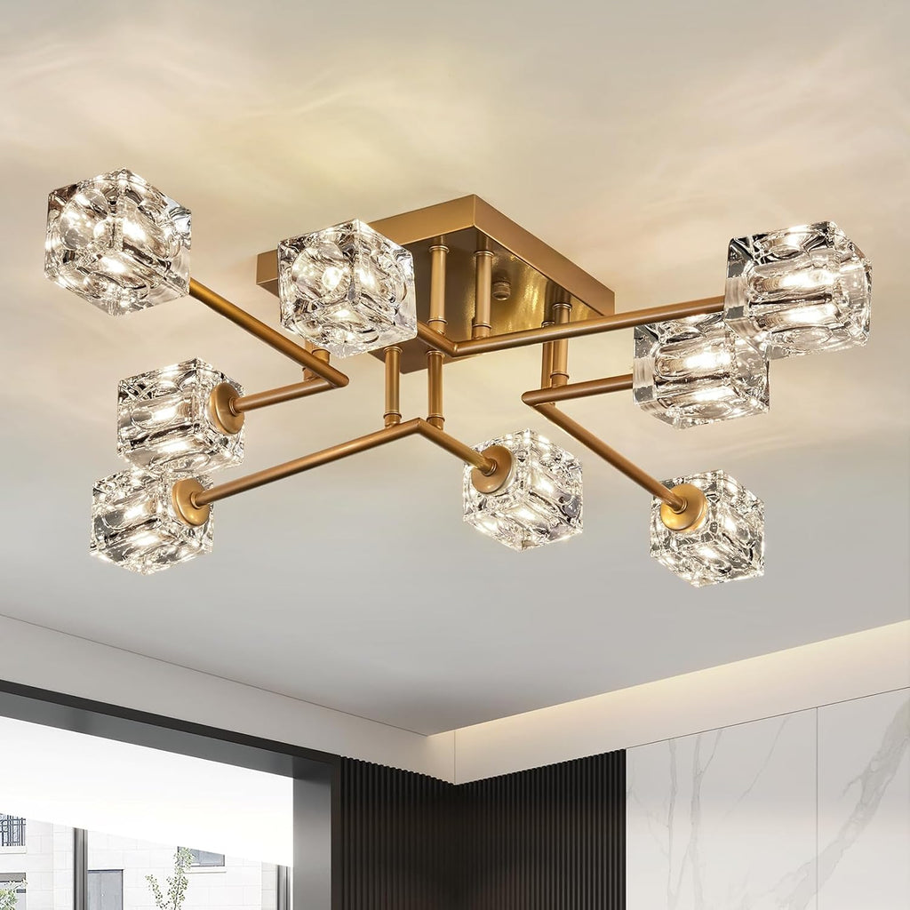 Vintage Gold Semi Flush Mount Ceiling Light 8-Light Glass Sputnik Chandeliers Mid Century Modern Crystal Ceiling Light Fixture for Living Room Dining Room Bedroom Kitchen Foyer