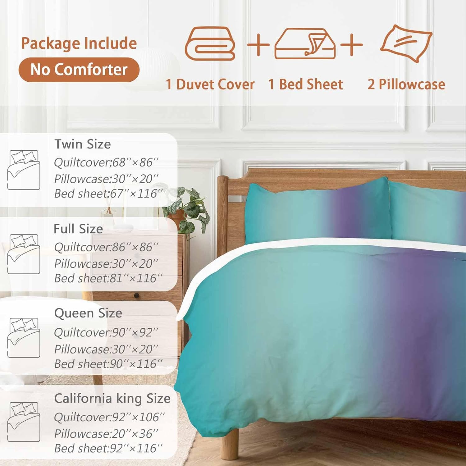 Gradient Green Purple Duvet Cover Set Queen Size 4 Pieces Modern Abstract Minimalist Teal Ocean Beach Bedding Set with Zipper Closure, 1 Comforter Cover 90x92 Inches 1 Flat Sheet & 2 Pillow Cases