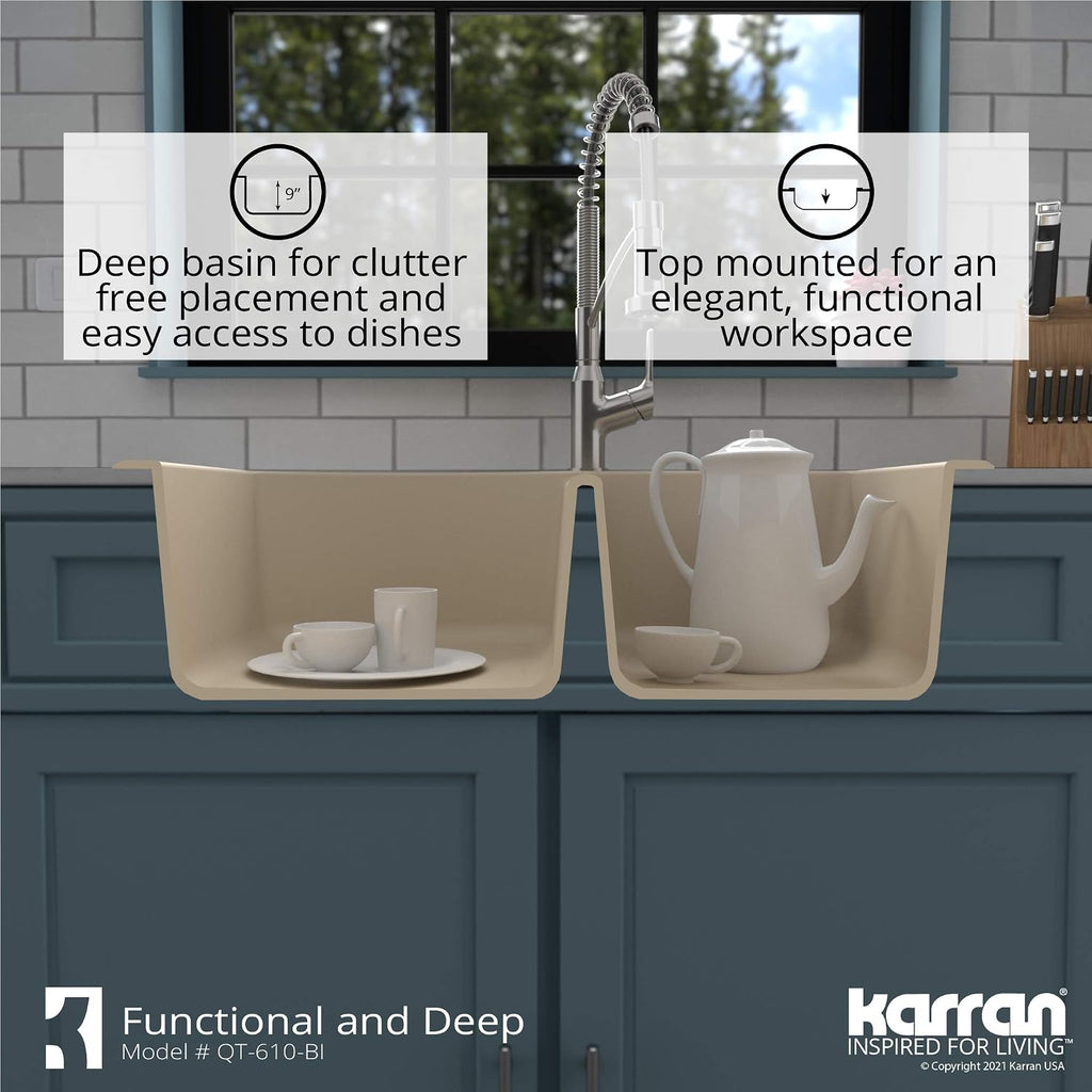 Karran 33' Drop-In/Top Mount Quartz Composite 1-Hole 60/40 Double Bowl Kitchen Sink in Bisque