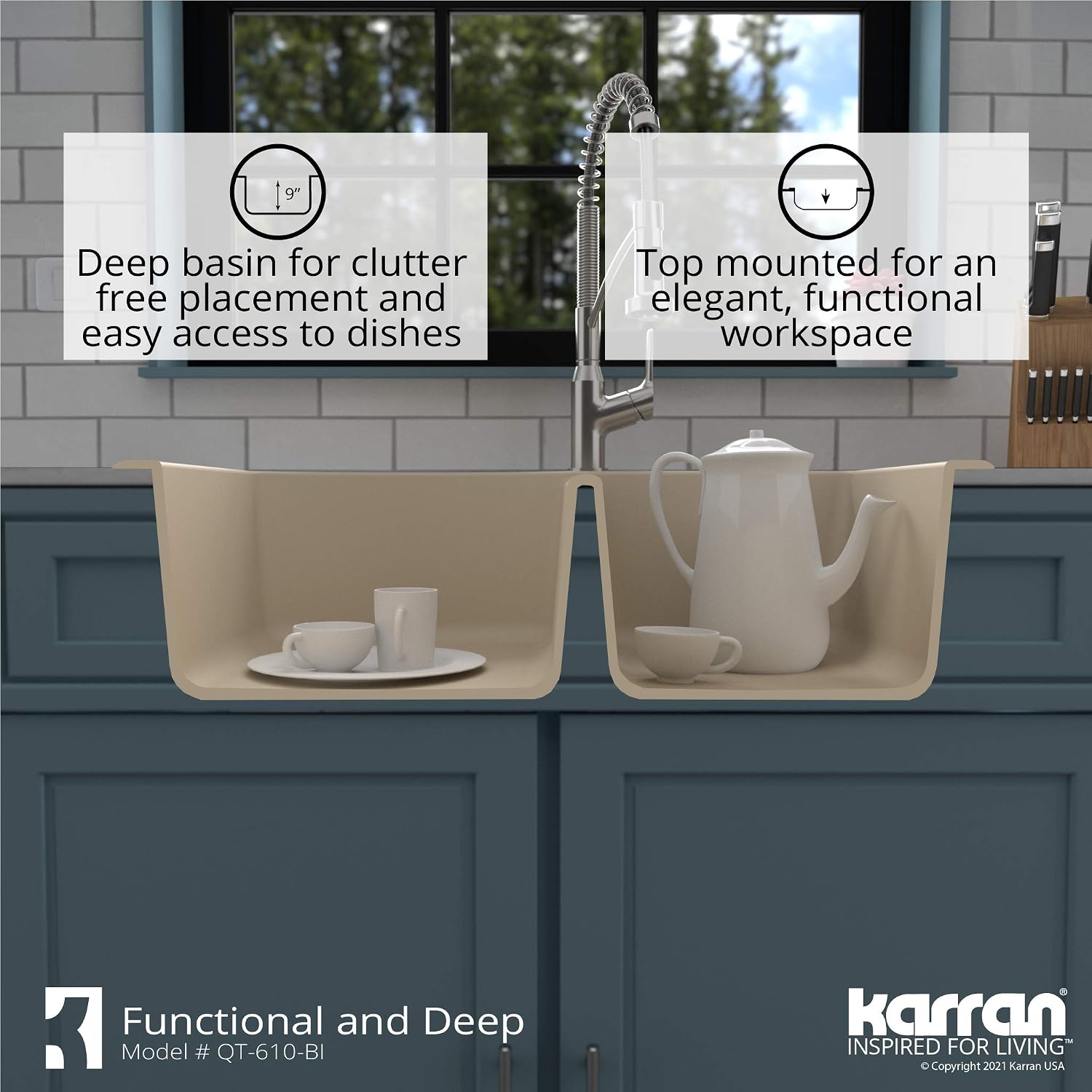 Karran 33' Drop-In/Top Mount Quartz Composite 1-Hole 60/40 Double Bowl Kitchen Sink in Bisque
