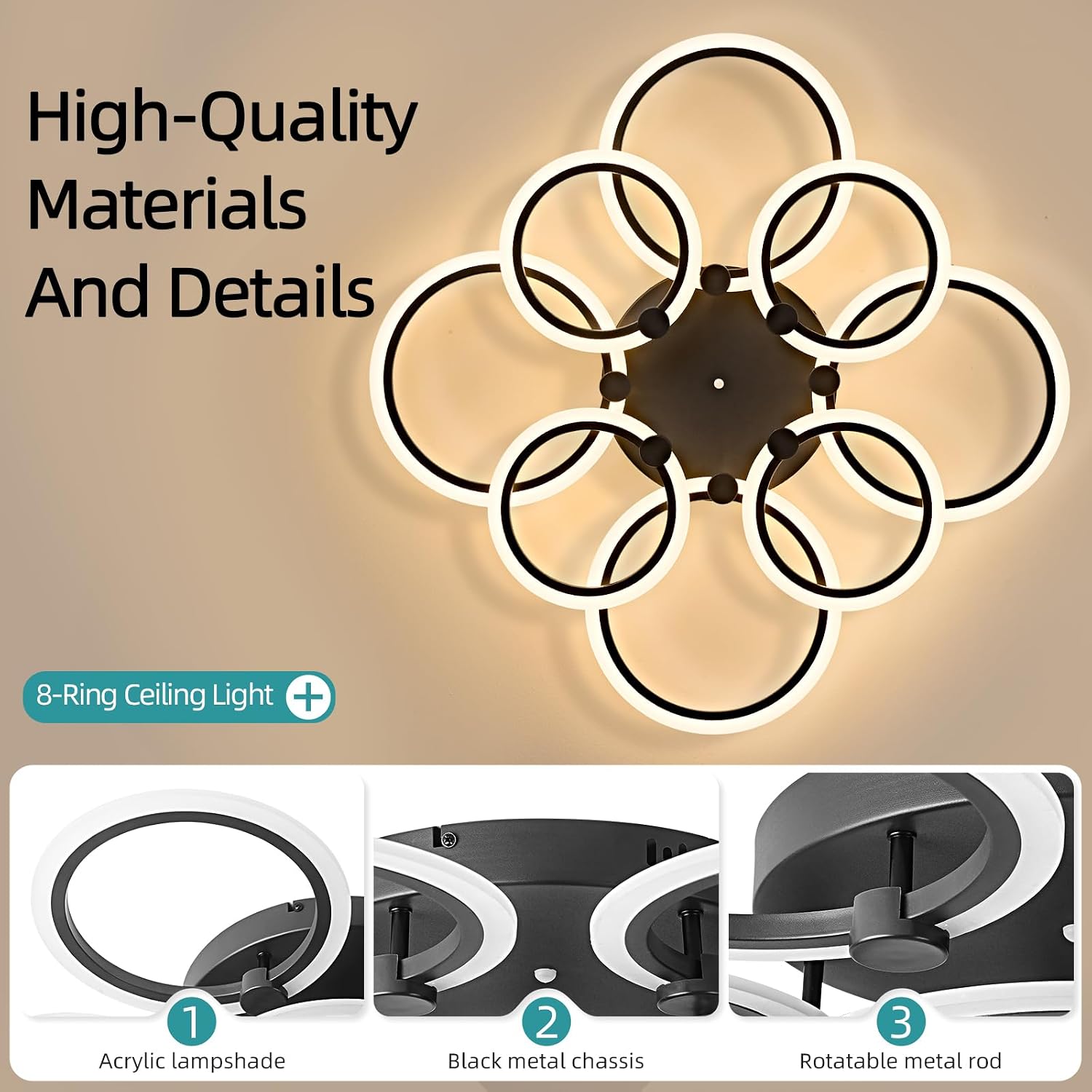 LED Ceiling Light, 8-Ring Modern Flush Mount Fixture, 145W Dimmable 3000K–6500K, Black Ceiling Light with Remote for Living Room Bedroom Kitchen (35.4')