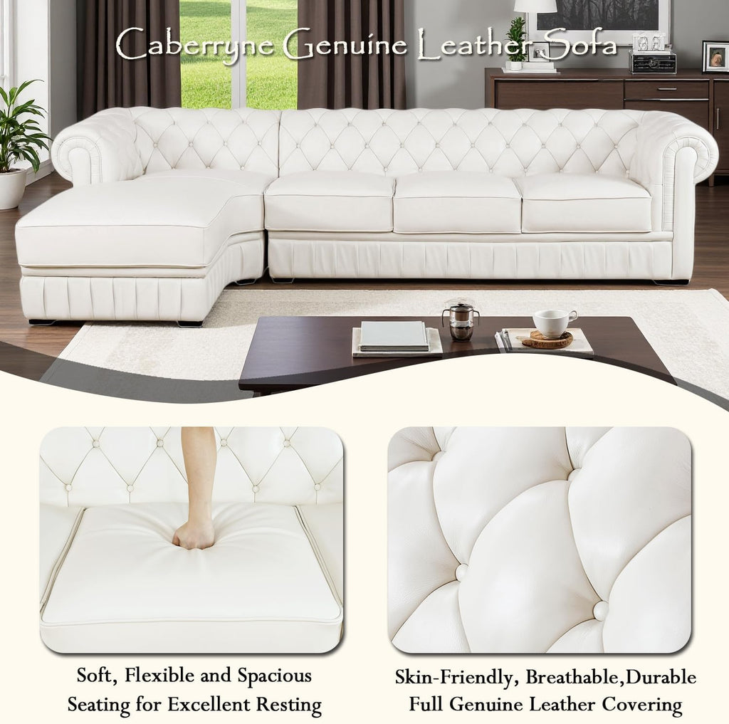 Genuine Leather Sectional Couch, L Shape Sofa with 5 Seaters for Living Room Furniture Set, Chesterfield Couches with Button Tufted Design for House/Lounge,Creamy