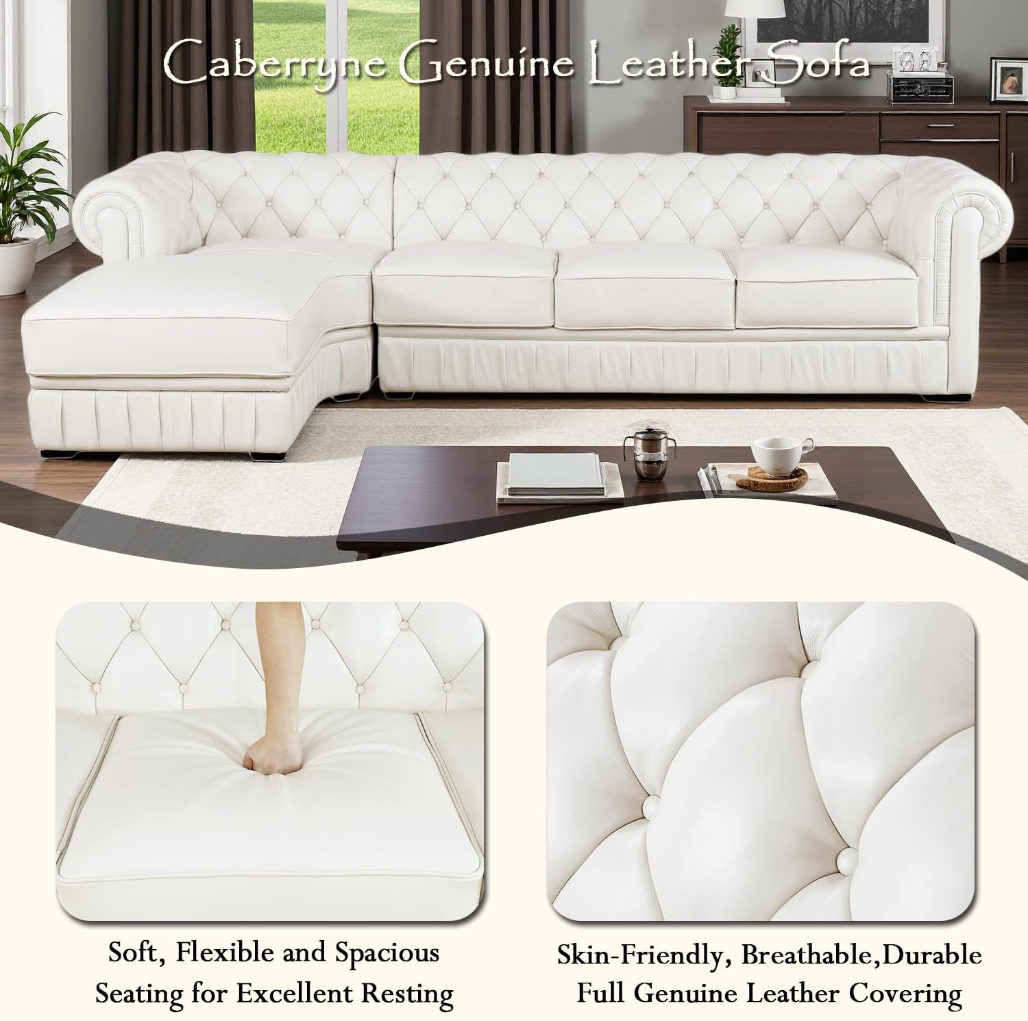 Genuine Leather Sectional Couch, L Shape Sofa with 5 Seaters for Living Room Furniture Set, Chesterfield Couches with Button Tufted Design for House/Lounge,Creamy