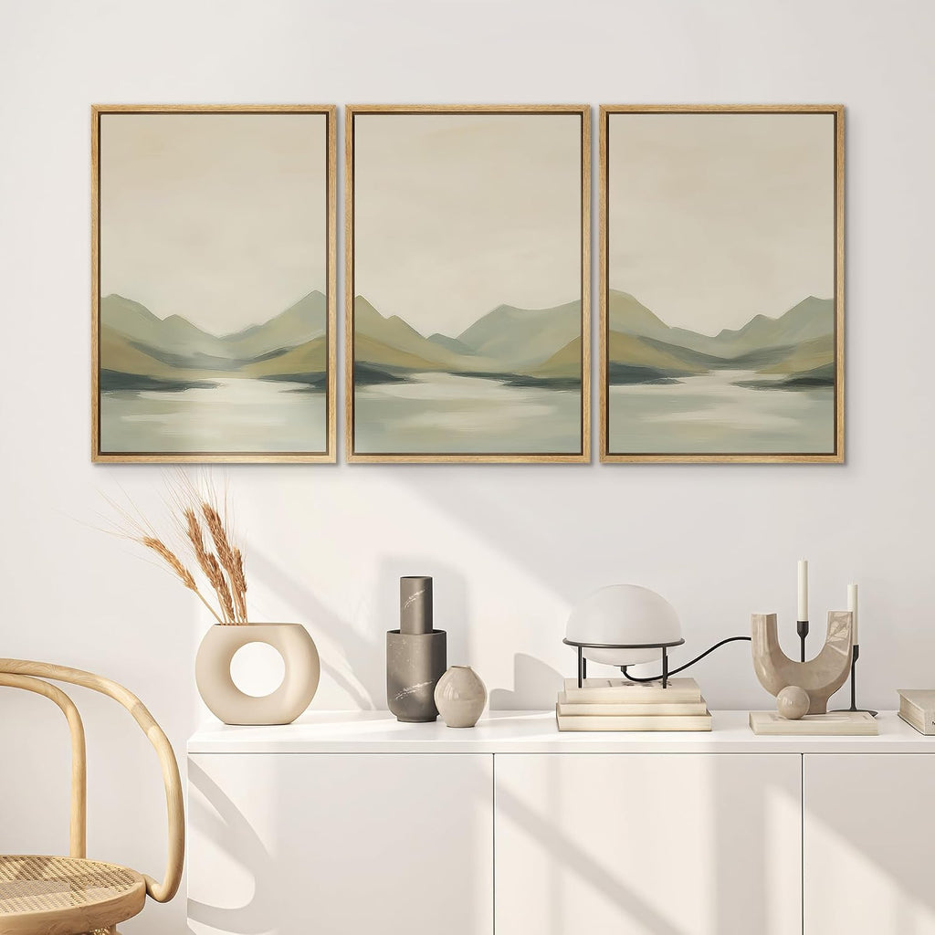 SIGNWIN Framed Canvas Print Wall Art Set Calm Mountain Lake Landscape Minimalist Neutral Illustrations Modern Colorful Ultra for Living Room, Bedroom, Office - 24'x36'x3 Natural