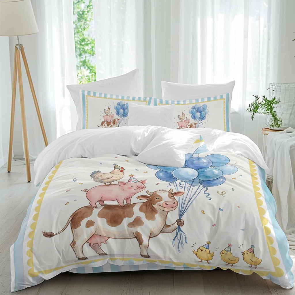 Pig Cow Duvet Cover Set Queen Size 4 Pieces Hen Chicks Blue Balloons Watercolor Animal Yellow Border Striped Bedding Set with Zipper Closure,1 Comforter Cover 92x106 Inches 1 Flat Sheet&2 Pillow Cases