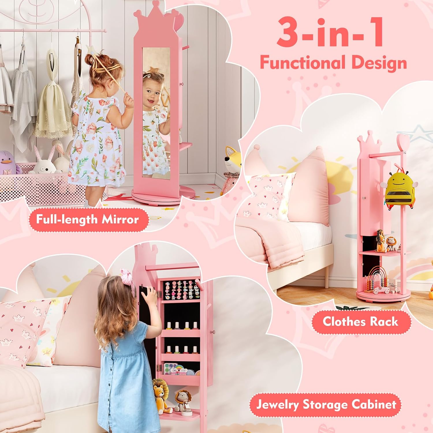 GLACER Kids Vanity with Stool, Rotatable Kids Jewelry Armoire, Kids Vanity Table and Chair Set w/Coat Rack, Storage Shelves, Full-Length Mirror, Solid Wood Legs, Kids Bedroom Furniture (Pink)