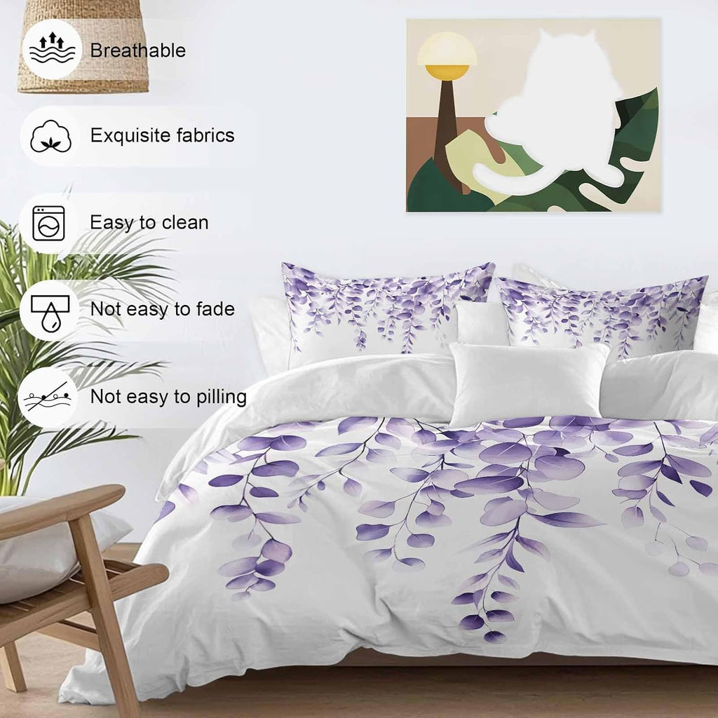 Purple Leaves Duvet Cover Set Queen Size 4 Pieces Eucalyptus Leaf Watercolor Plant Botanical Bedding Set with Zipper Closure, 1 Comforter Cover 92x106 Inches 1 Flat Sheet & 2 Pillow Cases