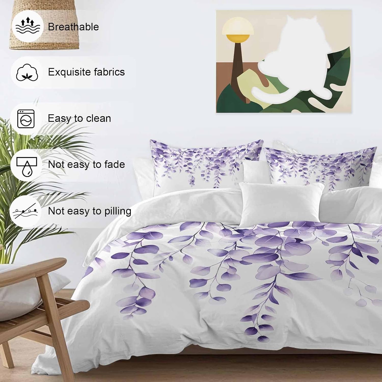 Purple Leaves Duvet Cover Set Queen Size 4 Pieces Eucalyptus Leaf Watercolor Plant Botanical Bedding Set with Zipper Closure, 1 Comforter Cover 92x106 Inches 1 Flat Sheet & 2 Pillow Cases