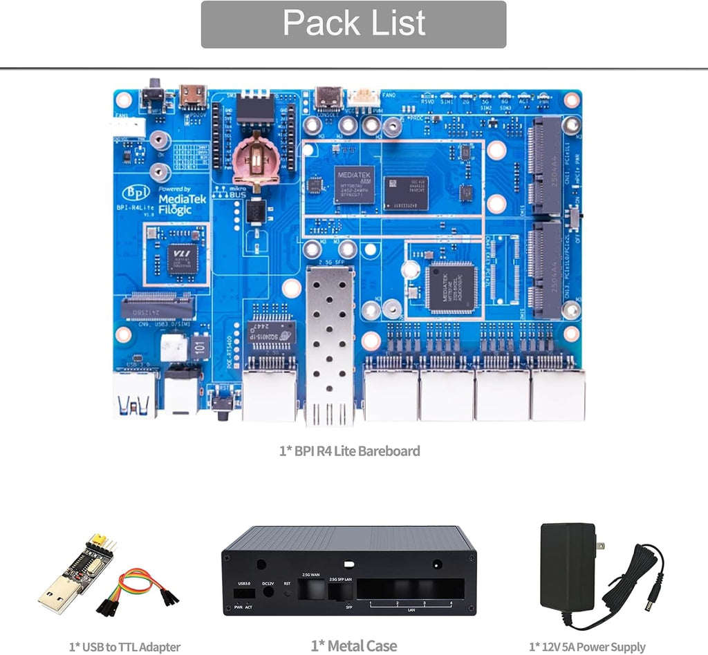 Banana Pi BPI-R4 Lite Wi-Fi 7 Development/Router Board, Quad-Core MT7987A SOC, 2.5G SFP&RJ45 WAN, OpenWrt,8GB eMMC,4xGbE Ports, Support 4G/5G, NAS Smart Home Gateway (with Case, 2GB RAM)