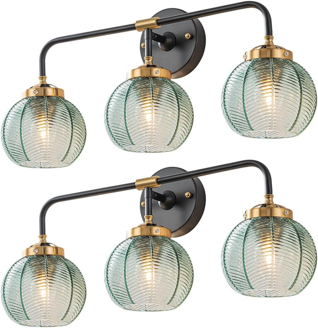 3-Light Bathroom Vanity Lights Vintage Bathroom Sconce Lights with Green Ribbed Glass Shade Mid Century Modern Light Fixture Art Deco Wall Lamp Mirror Over Vanity Light fixtures