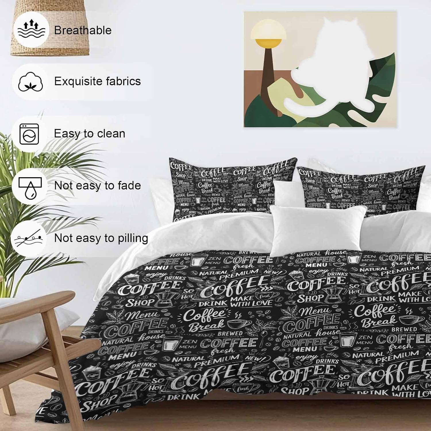 Black White Theme Duvet Cover Set Queen Size 4 Pieces Modern Bread Coffee Pot Milk Drink Minimalist Bedding Set with Zipper Closure, 1 Comforter Cover 90x92 Inches 1 Flat Sheet & 2 Pillow Cases