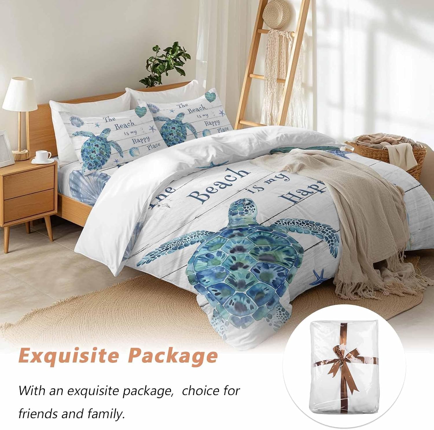 Blue Sea Turtle Duvet Cover Set Queen Size 4 Pieces Beach Happy Place Seashell Starfish Retro Wood Grain Bedding Set with Zipper Closure, 1 Comforter Cover 92x106 Inches 1 Flat Sheet & 2 Pillow Cases