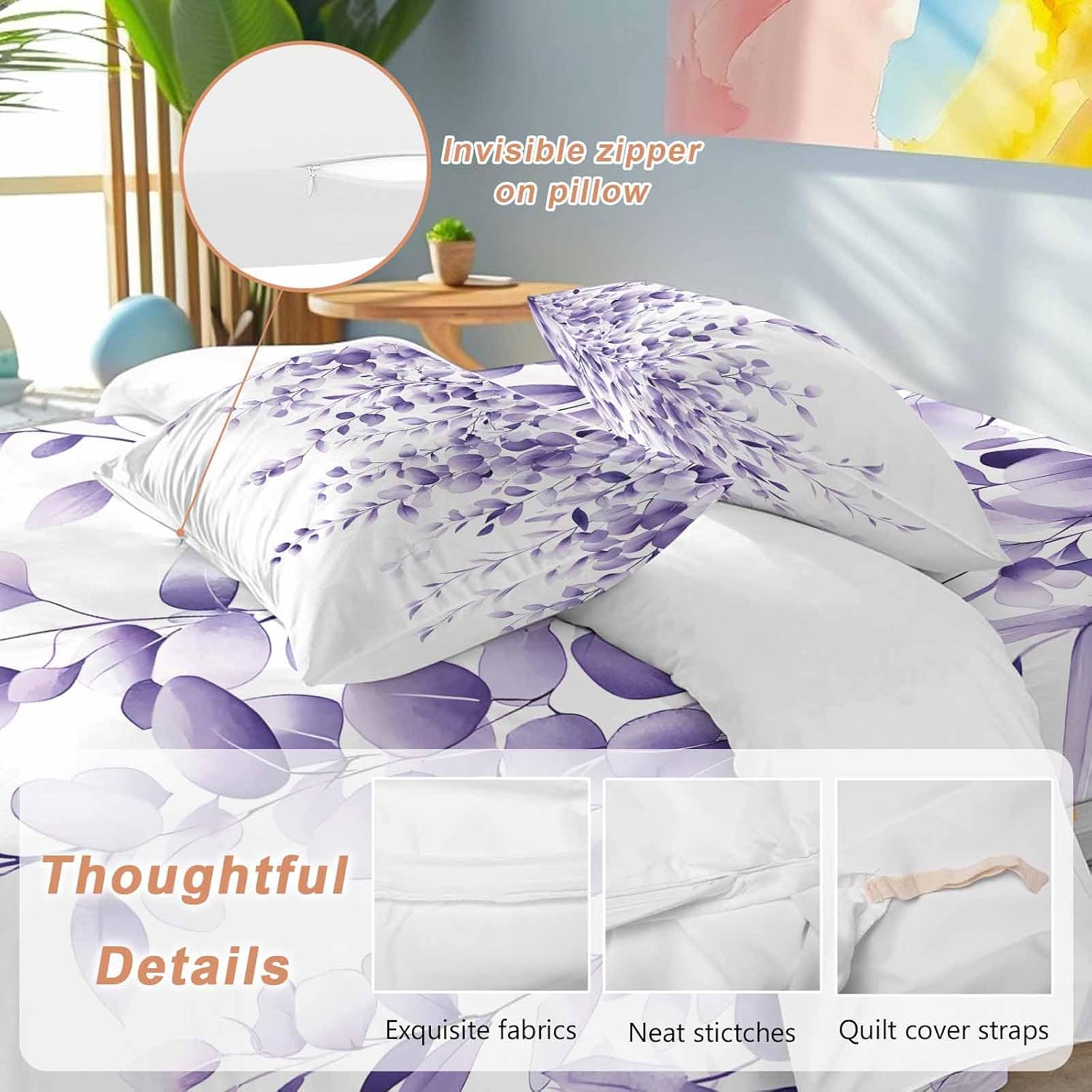 Purple Leaves Duvet Cover Set Queen Size 4 Pieces Eucalyptus Leaf Watercolor Plant Botanical Bedding Set with Zipper Closure, 1 Comforter Cover 92x106 Inches 1 Flat Sheet & 2 Pillow Cases