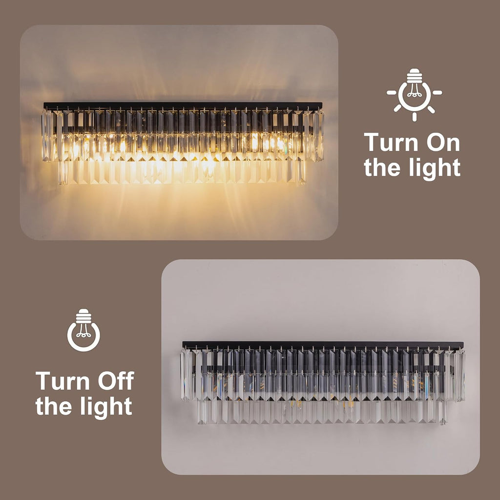 Wellmet 4-Light Bathroom Vanity Light Fixtures, Black Crystal Wall Sconces Lighting, Modern Farmhouse Wall Lamp for Mirror, Living Room, Bedroom, Hallway, Cabinet, Porch, E12 Base(Bulbs Not Included)