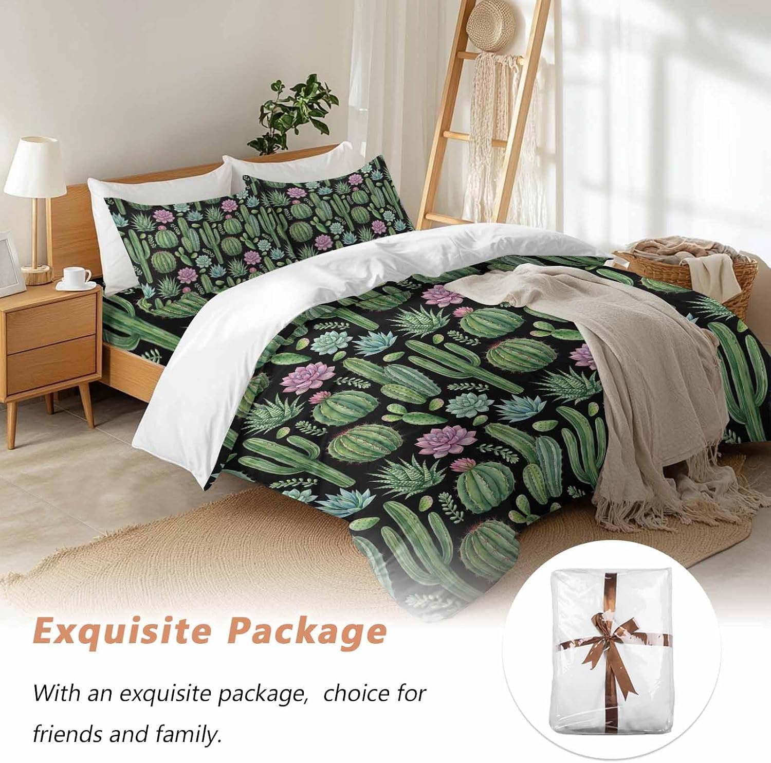 Summer Botanical Duvet Cover Set Queen Size 4 Pieces Tropical Saguaro Opuntia Green Cactus Black Bedding Set with Zipper Closure, 1 Comforter Cover 92x106 Inches 1 Flat Sheet & 2 Pillow Cases