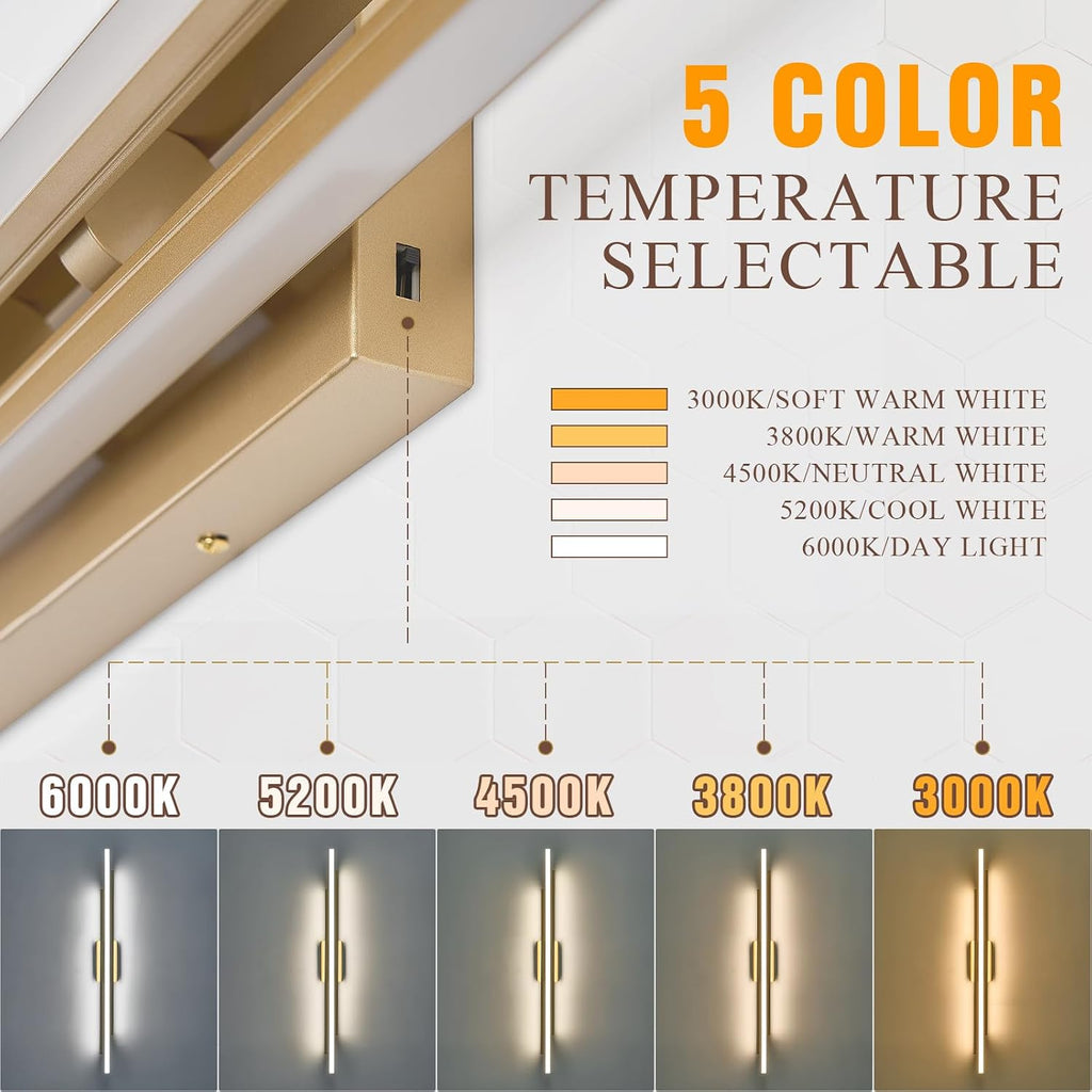 VitaLink 48' Gold LED Bathroom Light Fixtures Long Vanity Lights Over Mirror Lighting Lamps Wall Mount Lighting Over Vanity Picture Indoor 5CCT(3000K/3800K/4500K/5200K/6000K)