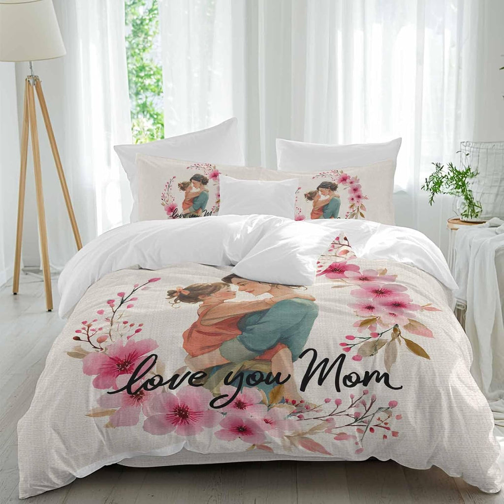 Mother's Day Duvet Cover Set Queen Size 4 Pieces Cartoon Characters Pink Flower Vintage Linen Texture Bedding Set with Zipper Closure, 1 Comforter Cover 92x106 Inches 1 Flat Sheet & 2 Pillow Cases
