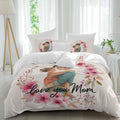 Mother's Day Duvet Cover Set Queen Size 4 Pieces Cartoon Characters Pink Flower Vintage Linen Texture Bedding Set with Zipper Closure, 1 Comforter Cover 92x106 Inches 1 Flat Sheet & 2 Pillow Cases