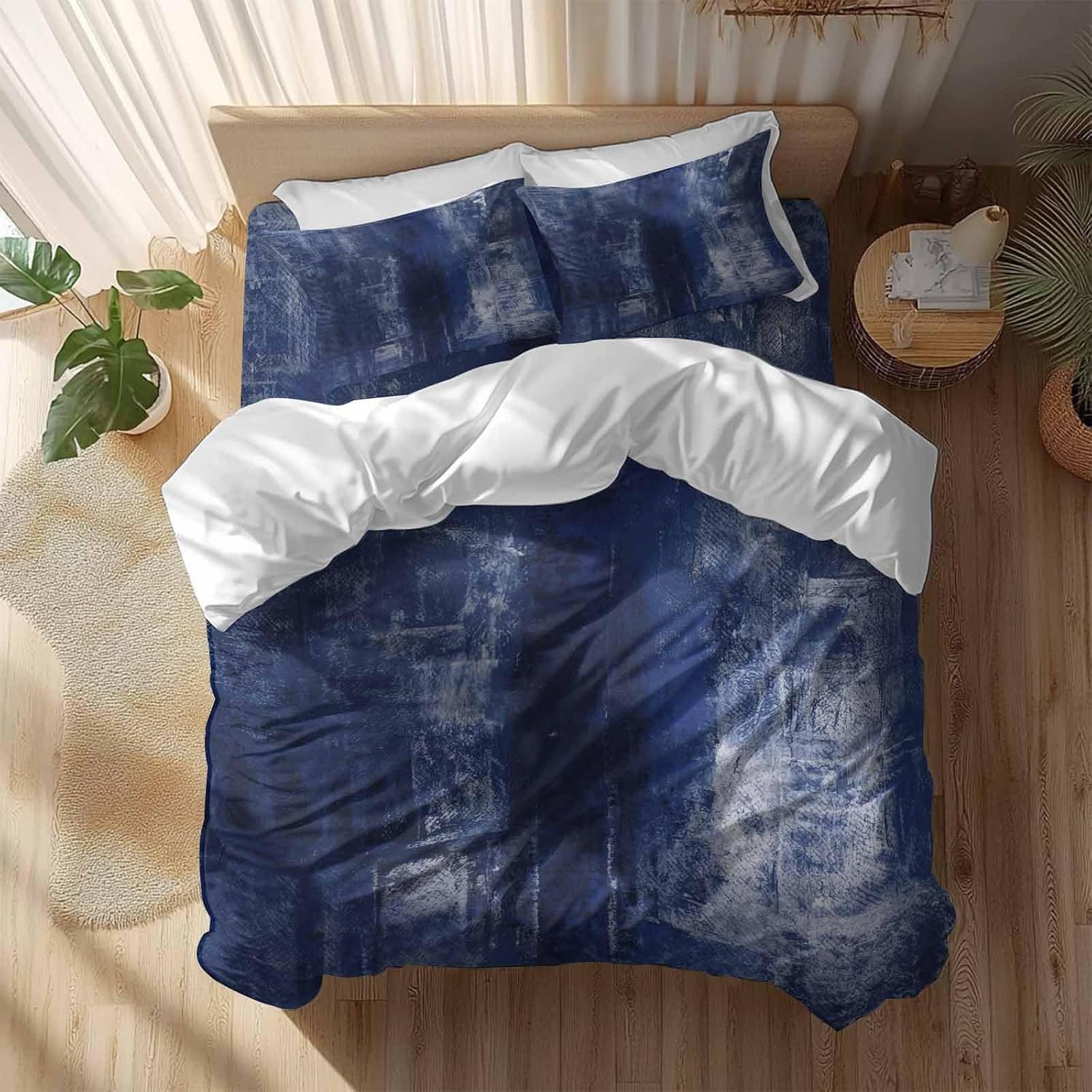 Prime Leader Navy Blue Duvet Cover Set Queen Size 4 Pieces Abstract Art Graffiti Paint Style Bedding Set with Zipper Closure, 1 Comforter Cover 92x106 Inches 1 Flat Sheet & 2 Pillow Cases