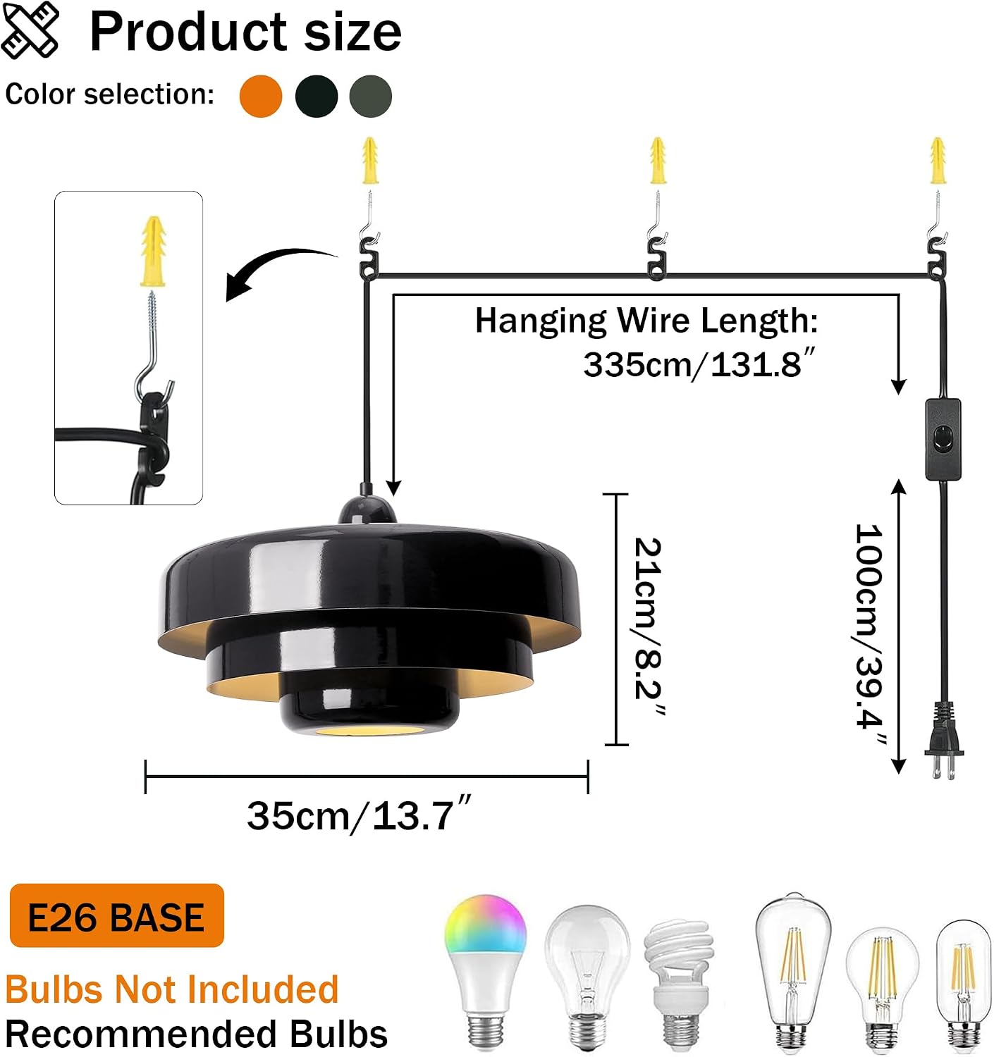 Black Pendant Light with Plug in Cord Modern Pendant Lighting 3-Layer Nordic Style Metal Shade Hanging Light Fixtures Hanging Lamp for Kitchen Island Dining Room Bedroom