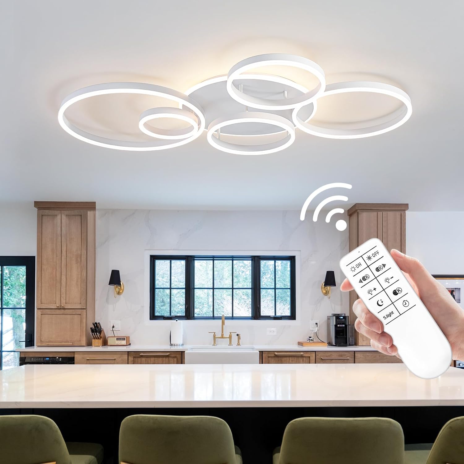 O'NEELDY Modern LED Ceiling Light White Flush Mount Ceiling Lights Fixtures Dimmable 47' Dining Room Light Fixture with Remote 6 Rings Kitchen Lighting Fixtures Ceiling Lamp for Bedroom,Living Room