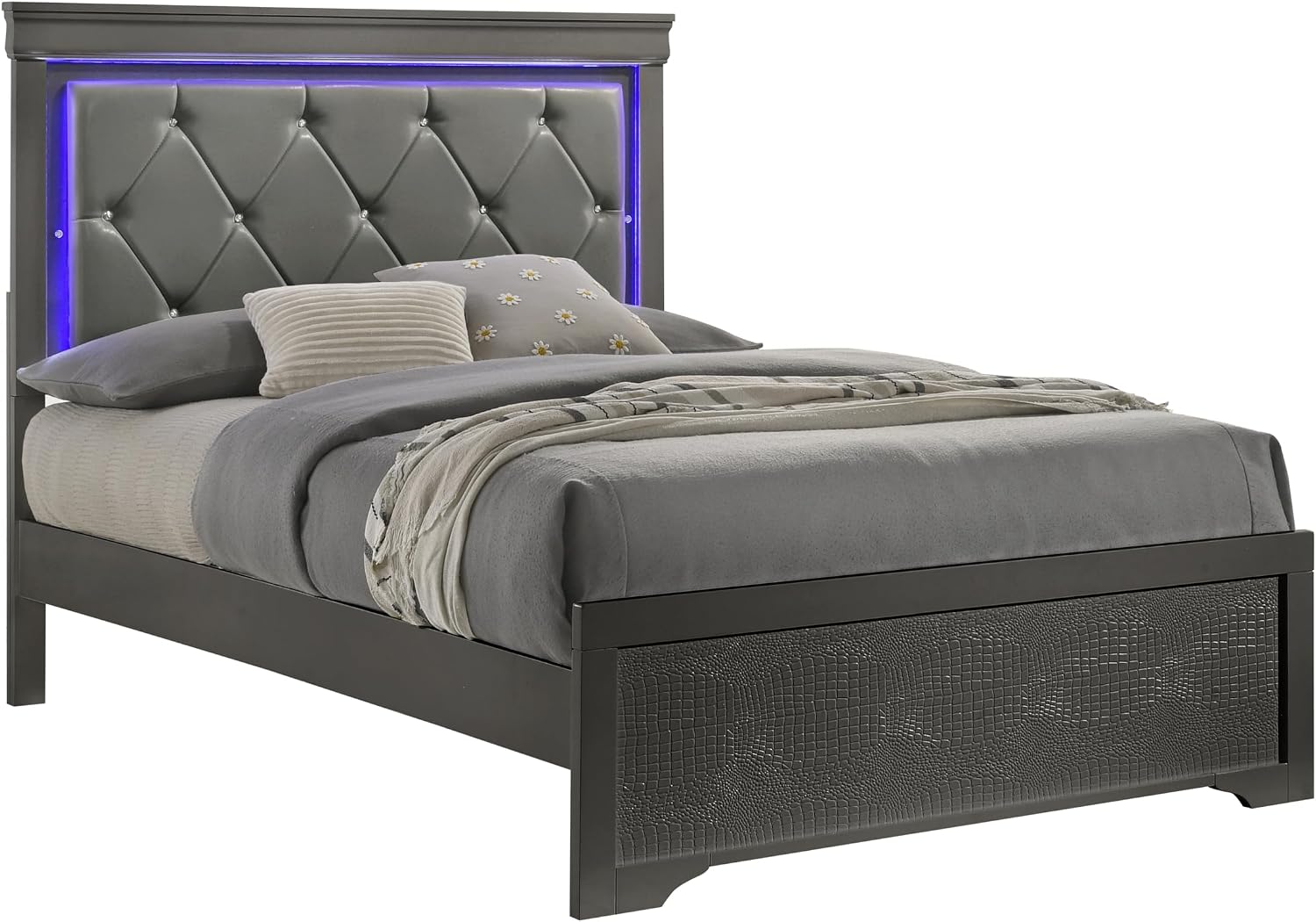 GOWE Blaze Upholstered Modern Style 5 Pc Full Bedroom Set with LED Headboard Made with Wood in Metallic Gray(CA Warehouse)