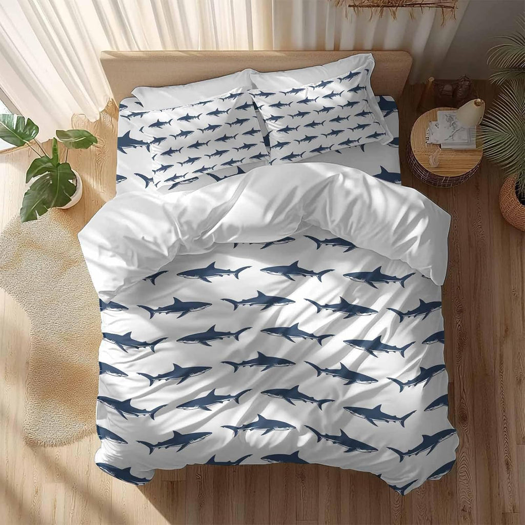 Prime Leader Abstract Sharks Duvet Cover Set Queen Size 4 Pieces Navy Blue Fish Simple Style Ocean Life Bedding Set with Zipper Closure, 1 Comforter Cover 92x106 Inches 1 Flat Sheet & 2 Pillow Cases
