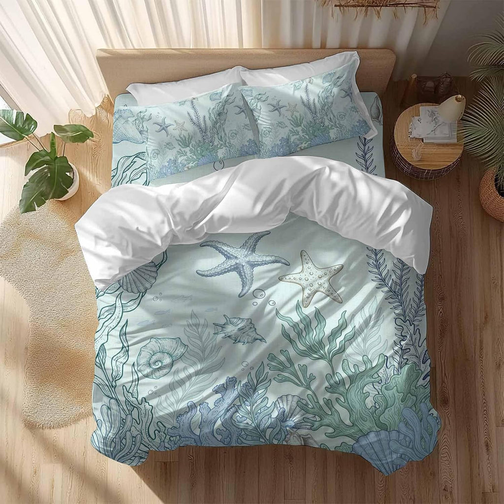 Marine Life Duvet Cover Set Queen Size 4 Pieces Starfish Coral Blue Shell Ocean Summer Green Bedding Set with Zipper Closure, 1 Comforter Cover 92x106 Inches 1 Flat Sheet & 2 Pillow Cases