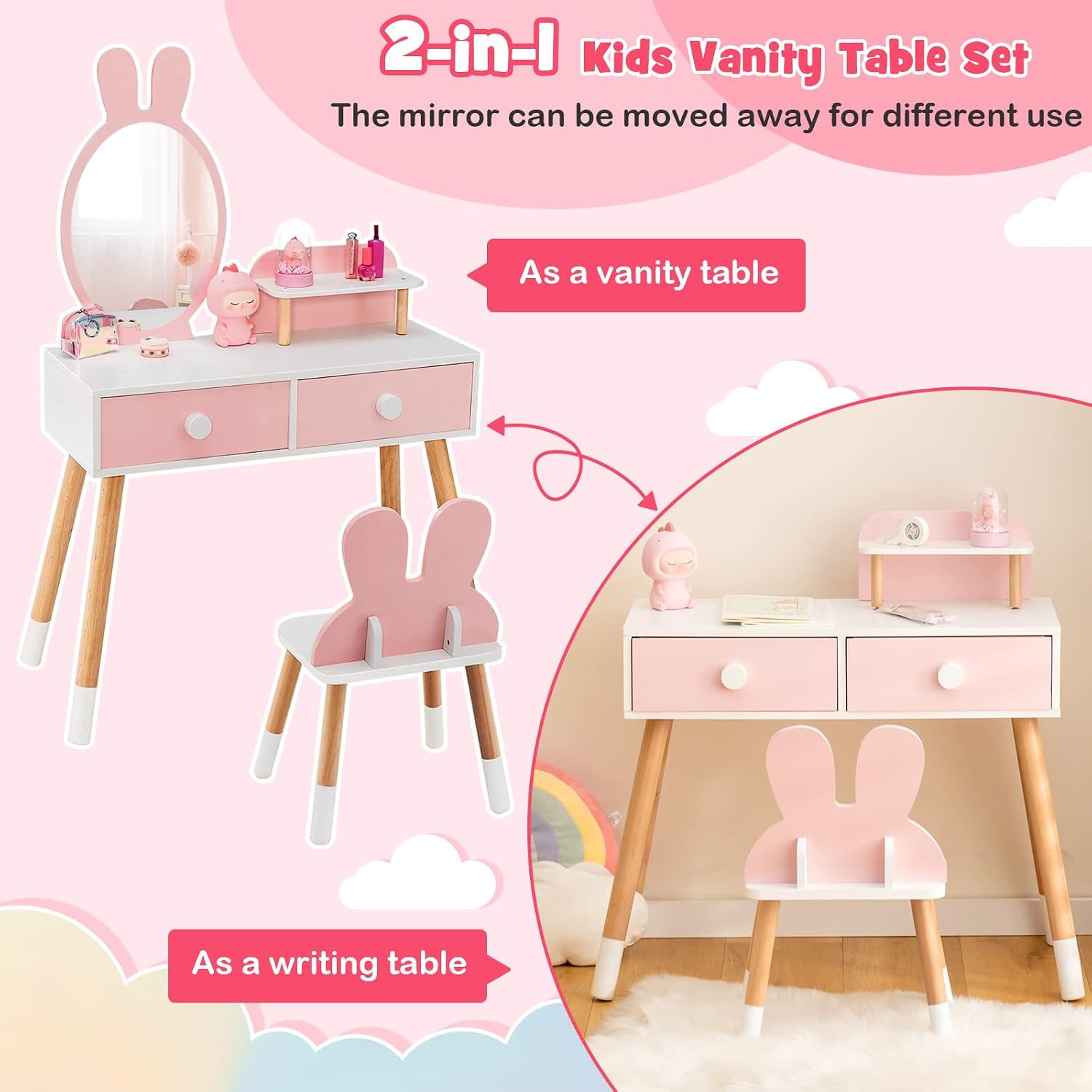 GLACER Kids Vanity & Jewelry Armoire, Princess Dressing Table and Chair Set, Wood Kids Dress Up Storage with Full-Length Mirror, 2 Adjustable Tilt Angles, Kids Bedroom Furniture Set for Girls (Pink)
