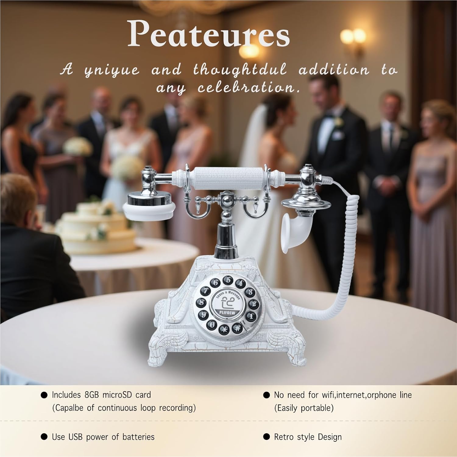 Audio Guest Book Wedding Phone,Audio Guestbook Phone Vintage Style Audio Message Voicemail for Graduation Retirement Party Birthdays Baby Shower Special Occasions (White)