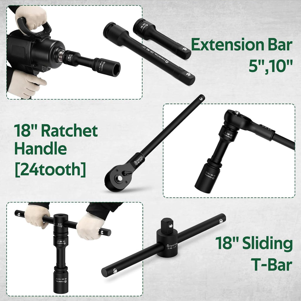3/4' Drive Deep Impact Socket Set, 23 Pcs SAE Sizes 3/4' to 2' with 24T Ratchet, 18' Sliding T-Bar & Extension Bars, CR-MO Steel, Heavy Duty Impact Socket for Truck & Equipment Repair