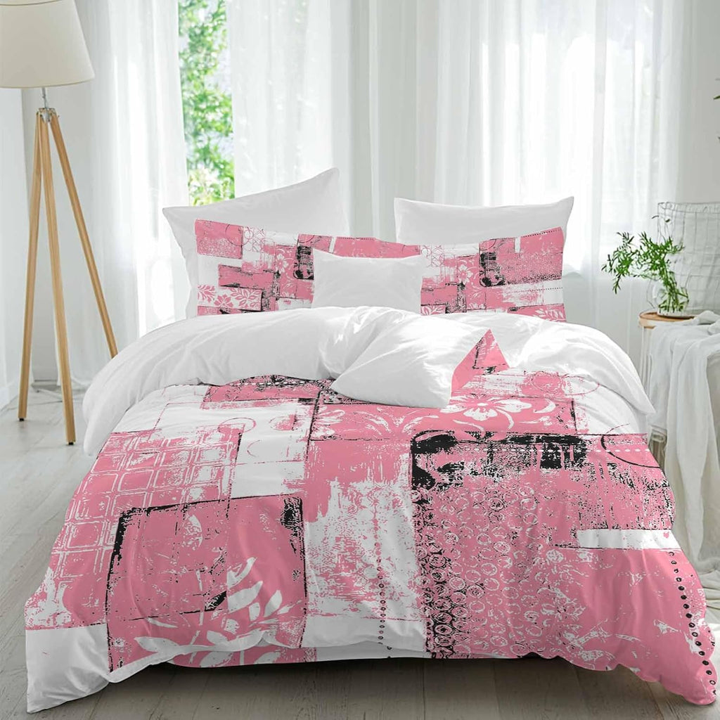 Modern Boho Duvet Cover Set Queen Size 4 Pieces Flower Geometric Texture Pink White Abstract Art Bedding Set with Zipper Closure, 1 Comforter Cover 92x106 Inches 1 Flat Sheet & 2 Pillow Cases