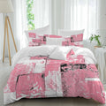 Modern Boho Duvet Cover Set Queen Size 4 Pieces Flower Geometric Texture Pink White Abstract Art Bedding Set with Zipper Closure, 1 Comforter Cover 92x106 Inches 1 Flat Sheet & 2 Pillow Cases
