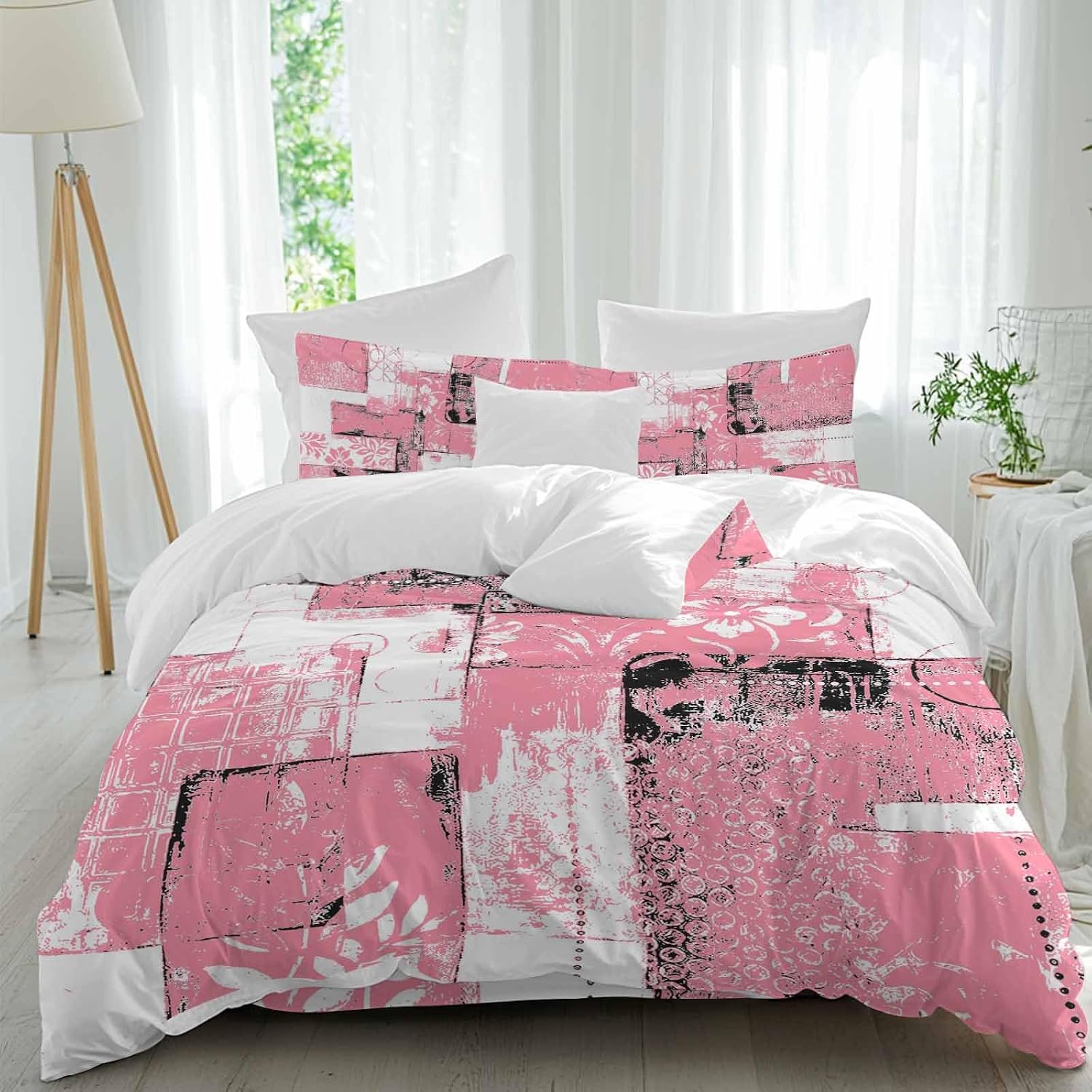 Modern Boho Duvet Cover Set Queen Size 4 Pieces Flower Geometric Texture Pink White Abstract Art Bedding Set with Zipper Closure, 1 Comforter Cover 92x106 Inches 1 Flat Sheet & 2 Pillow Cases