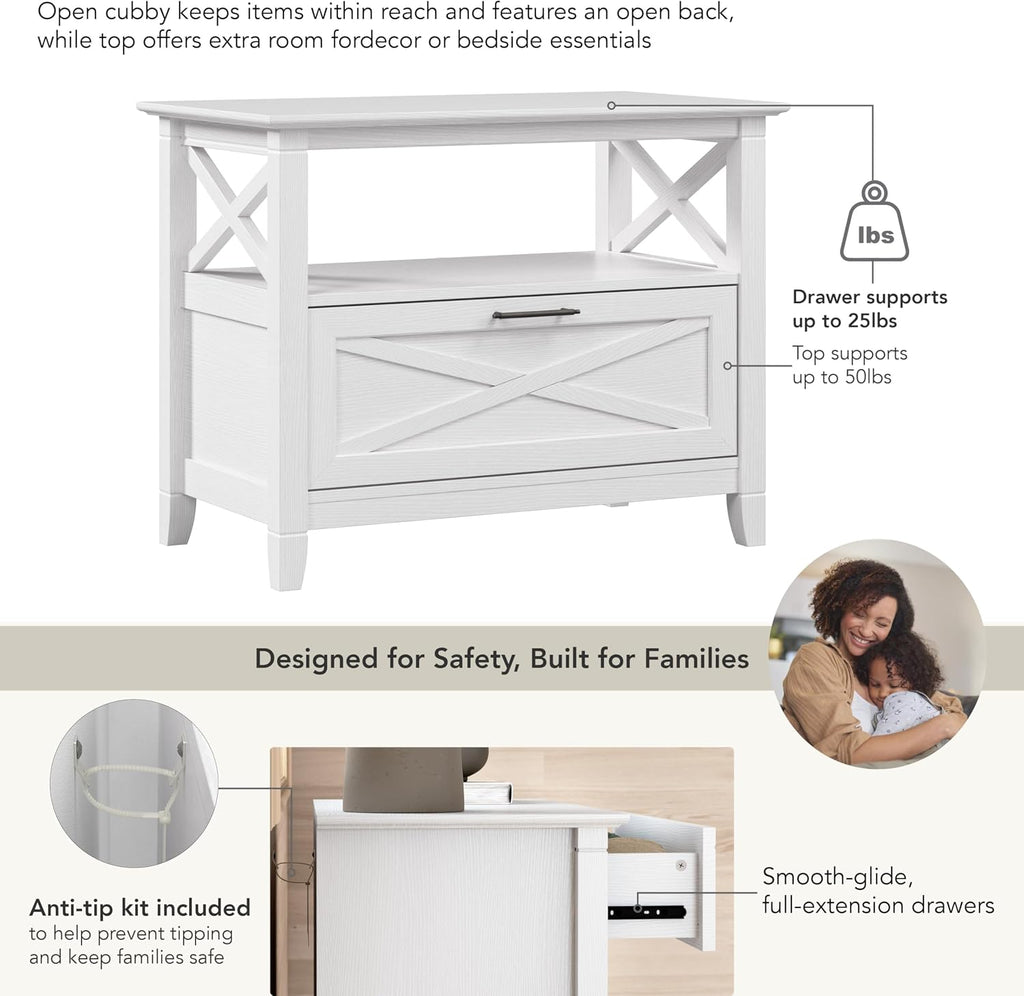 Bush Home 32-Inch Nightstand with Drawer, Farmhouse X Design Bedside Table for Bedroom and Living Room Storage and Organization, Small End Table Furniture, Key West Collection, Pure White Oak
