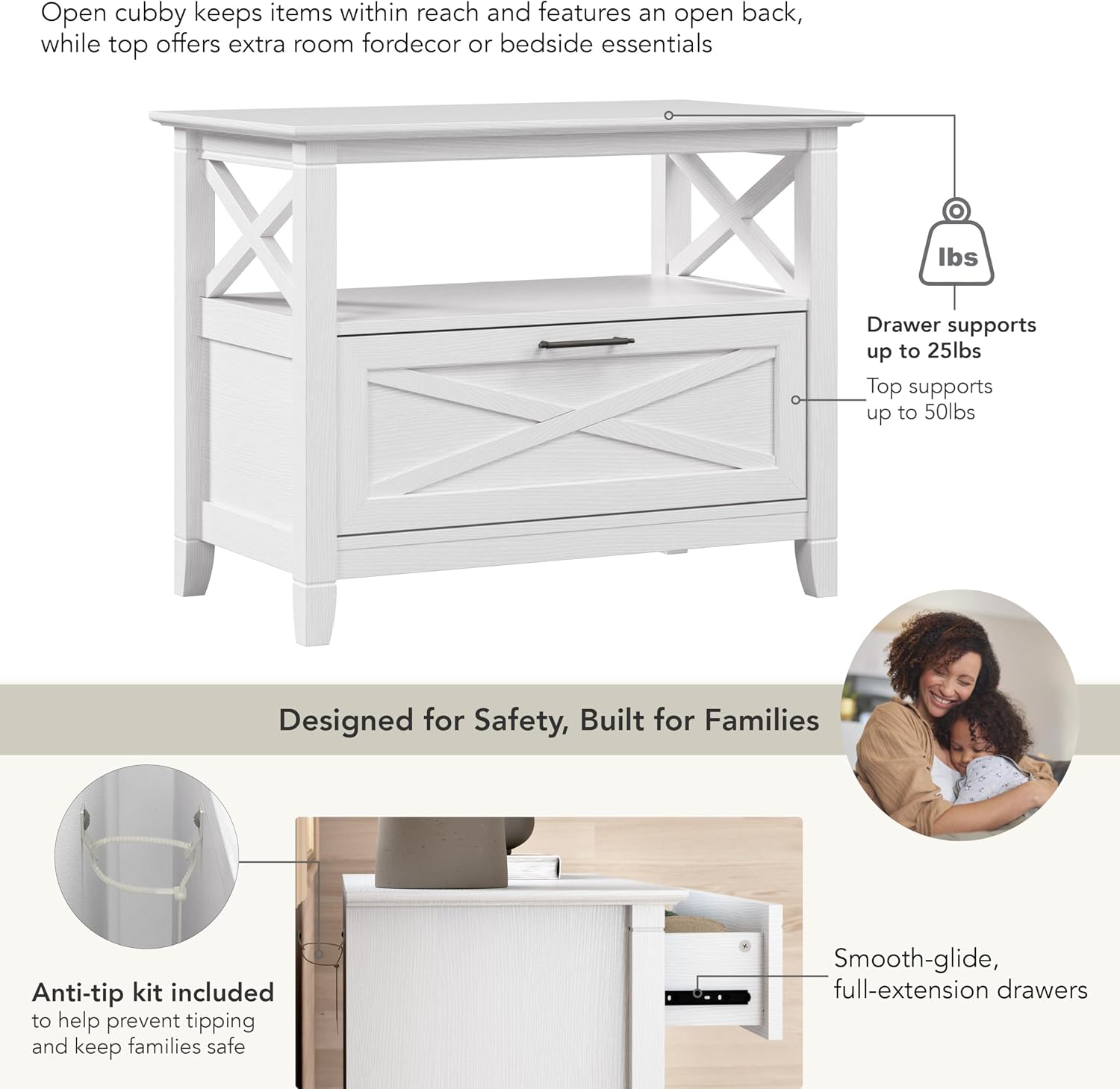 Bush Home 32-Inch Nightstand with Drawer, Farmhouse X Design Bedside Table for Bedroom and Living Room Storage and Organization, Small End Table Furniture, Key West Collection, Pure White Oak